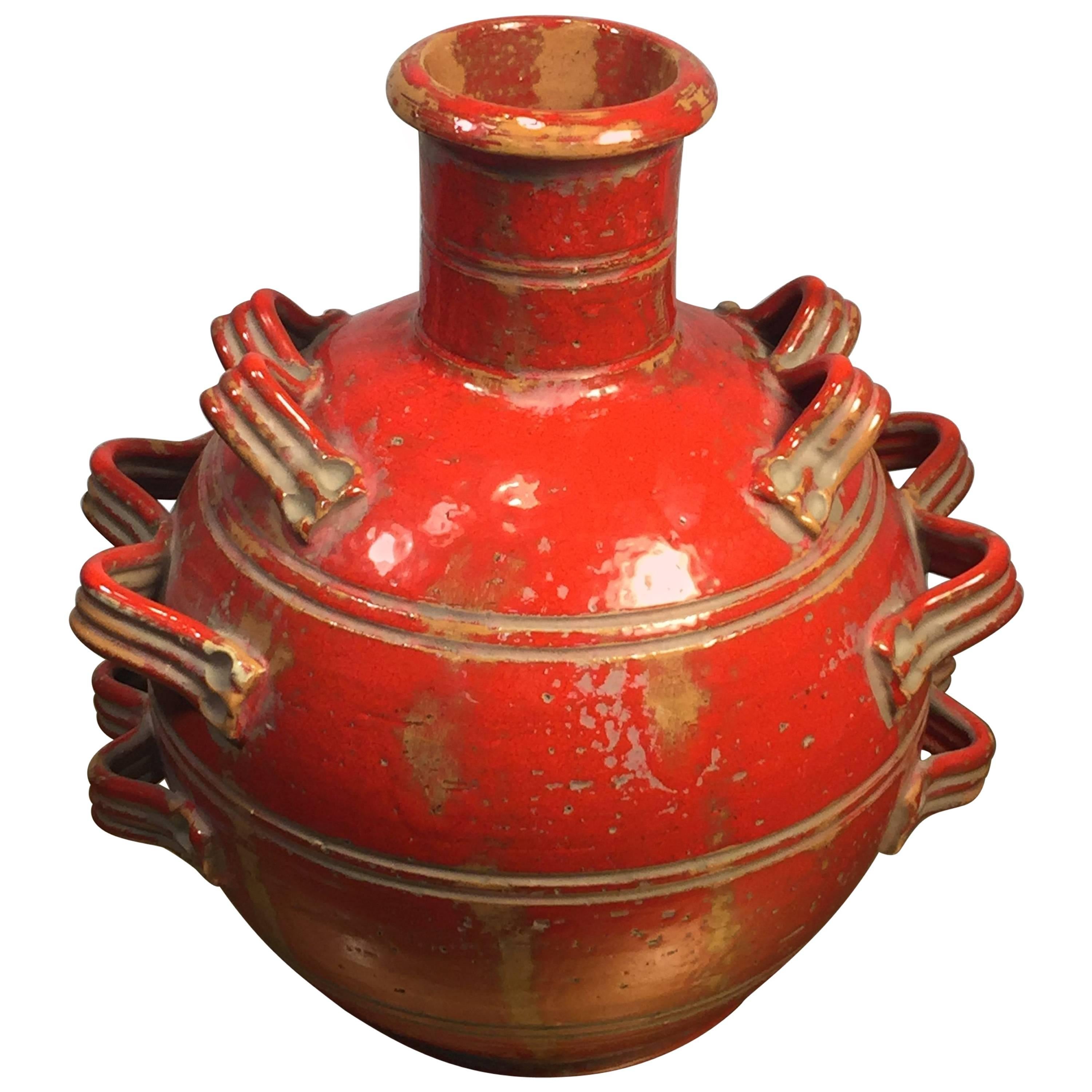 Italian Orange Triple Handled Terracotta Mid-Century Modern Vase For Sale