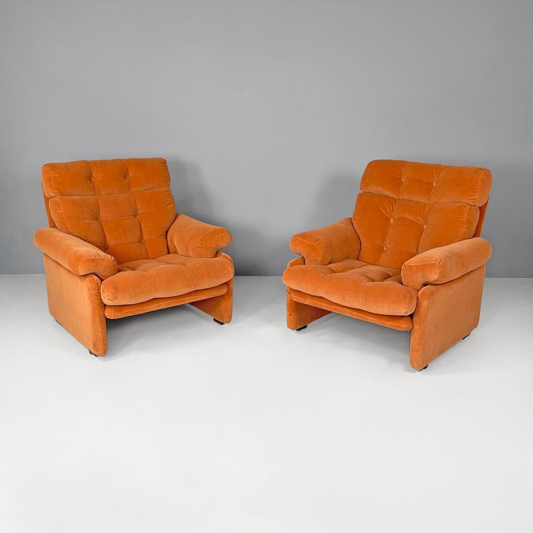 Italian modern orange velvet armchairs Coronado by Afra and Tobia Scarpa for B&B, 1970s
Pair of armchairs mod. Coronado in orange velvet with high back. The seat, armrests and backrest have curved and soft lines, with buttons. The external structure