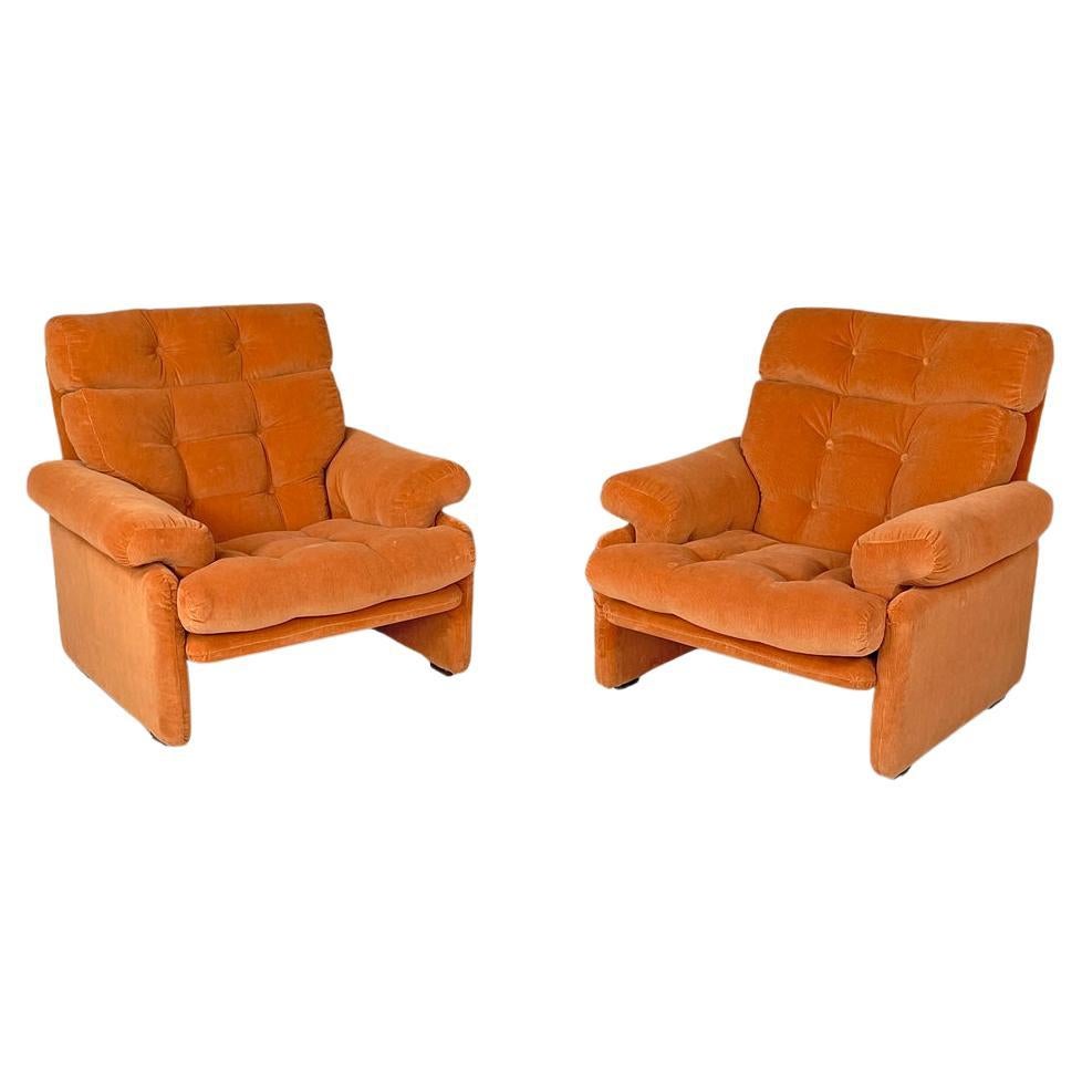 Italian orange velvet armchairs Coronado by Afra and Tobia Scarpa for B&B, 1970s For Sale
