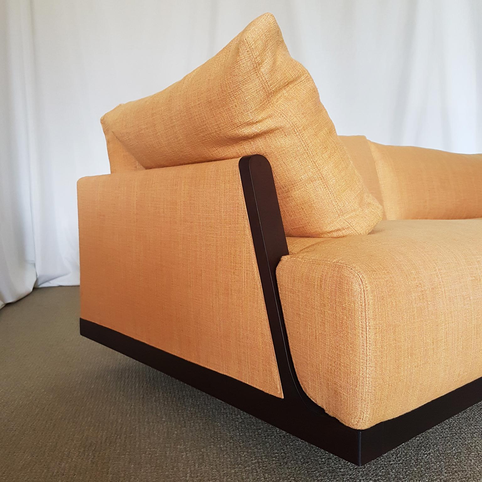 Other Italian Orange, Yellow Silk Fabric Sofa with Frame in Wood and Down Cushions For Sale