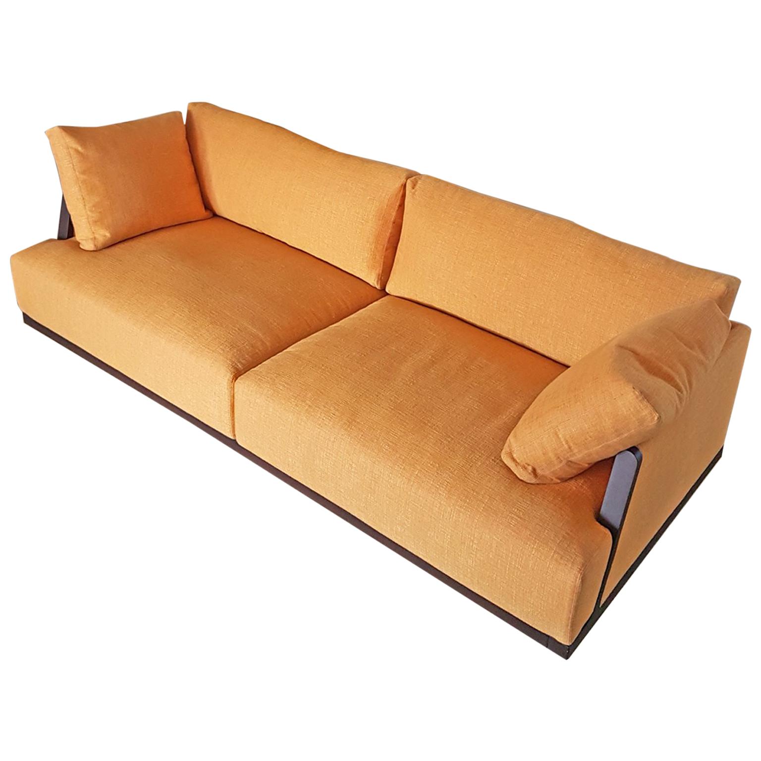 Italian Orange, Yellow Silk Fabric Sofa with Frame in Wood and Down Cushions For Sale