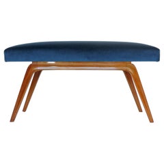 Italian Organic 1940s Wooden Bench and Blue Velvet