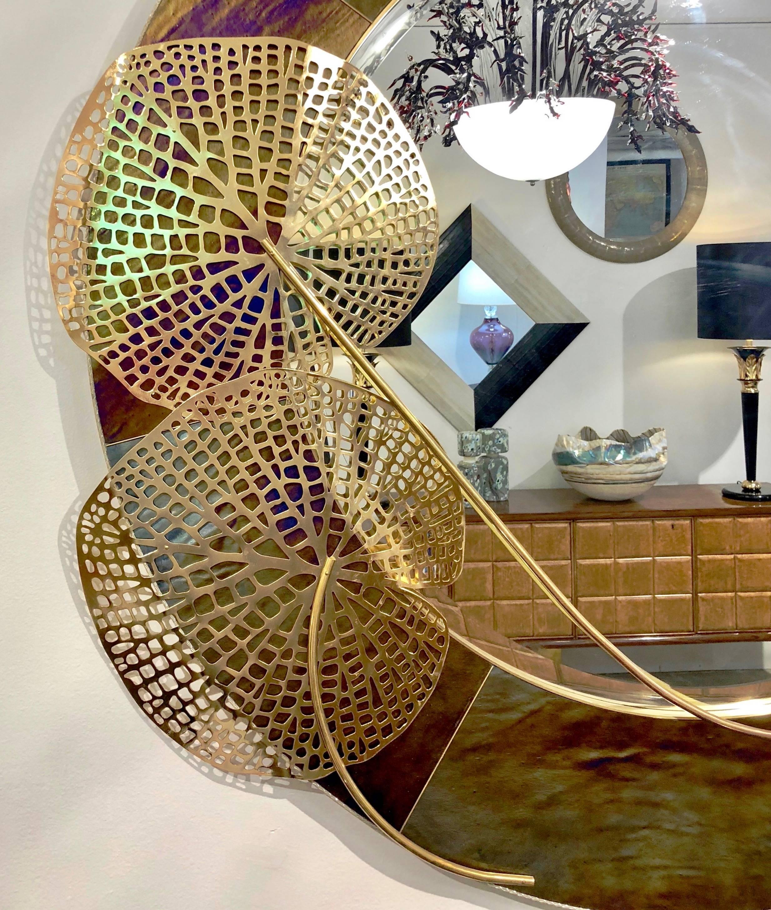 Italian Organic Brass and Opalescent Murano Glass Modern Sculpture Round Mirror 3