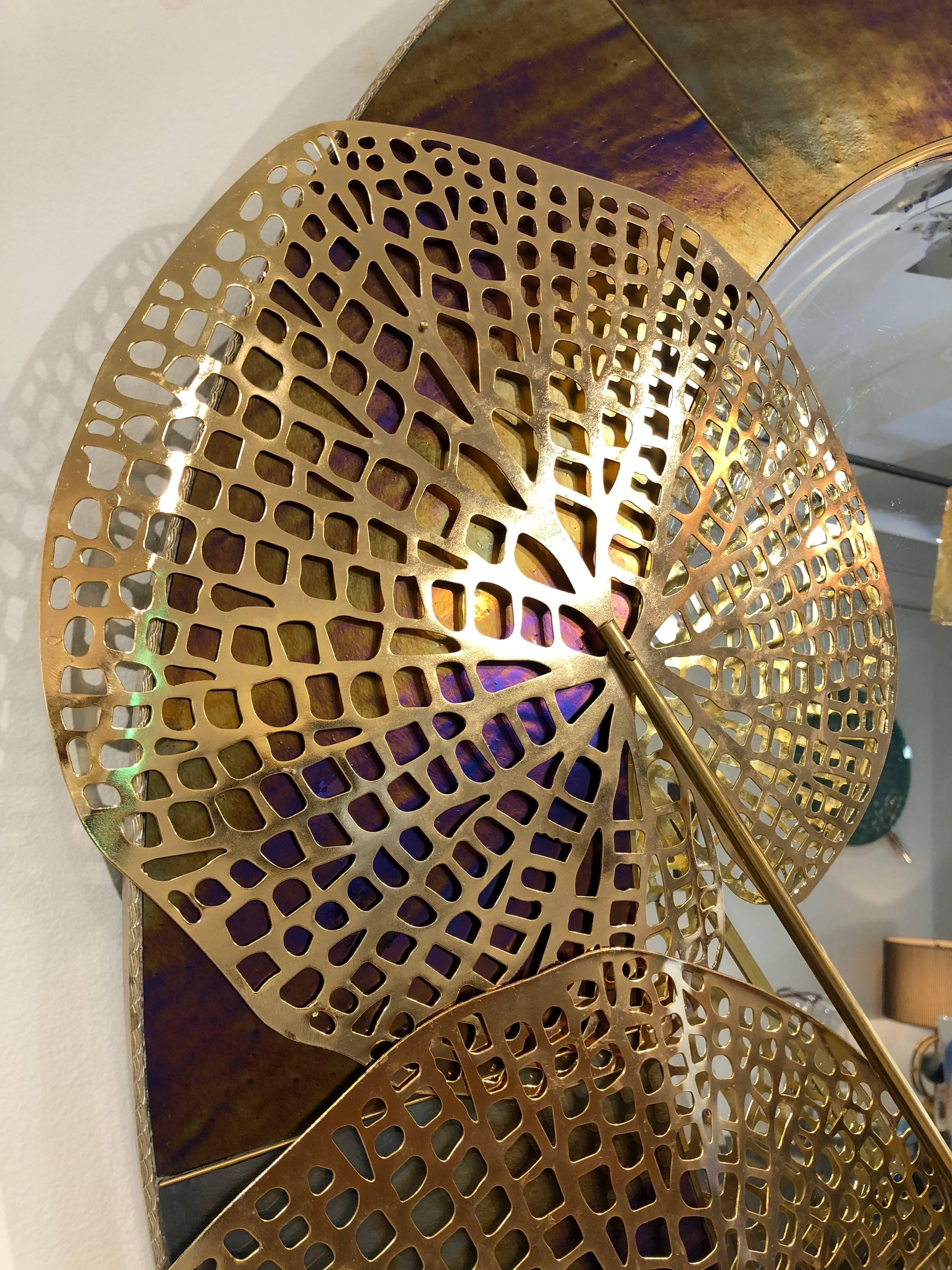 Italian Organic Brass and Opalescent Murano Glass Modern Sculpture Round Mirror 4