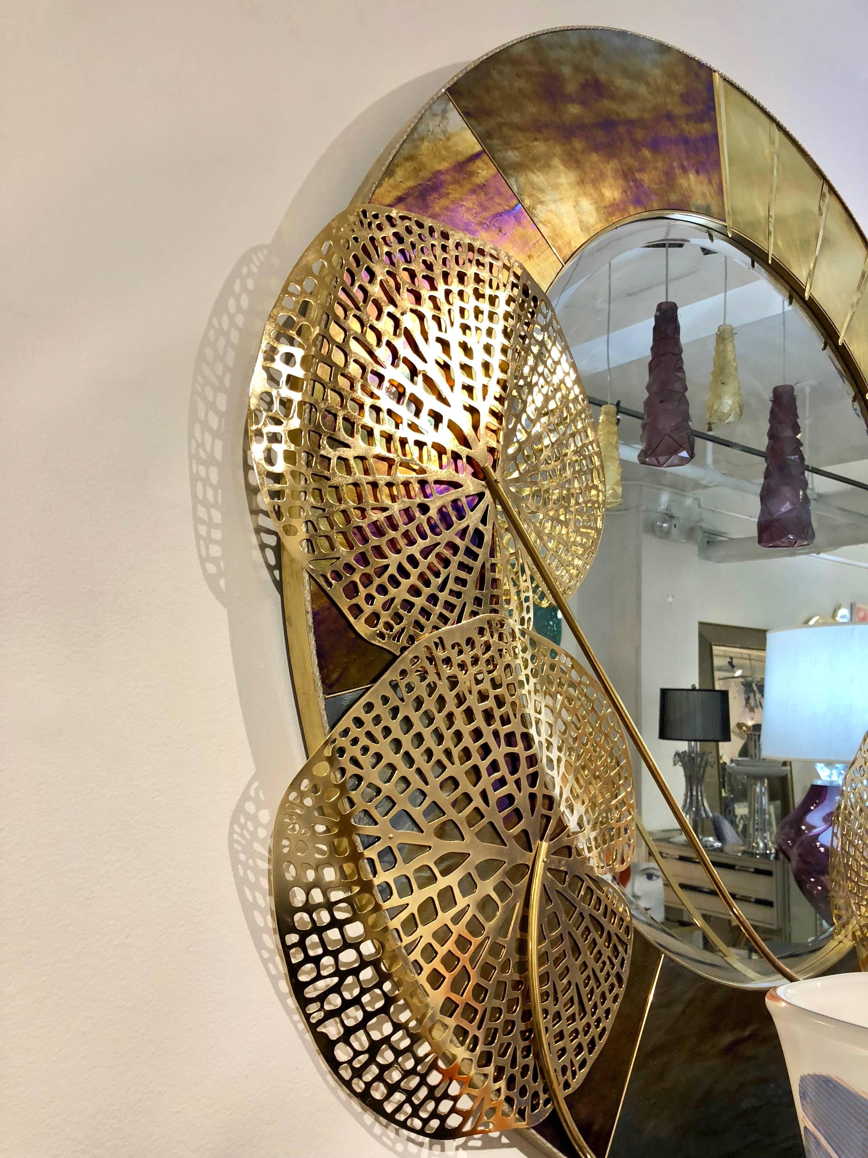 Art Deco Italian Organic Brass and Opalescent Murano Glass Modern Sculpture Round Mirror
