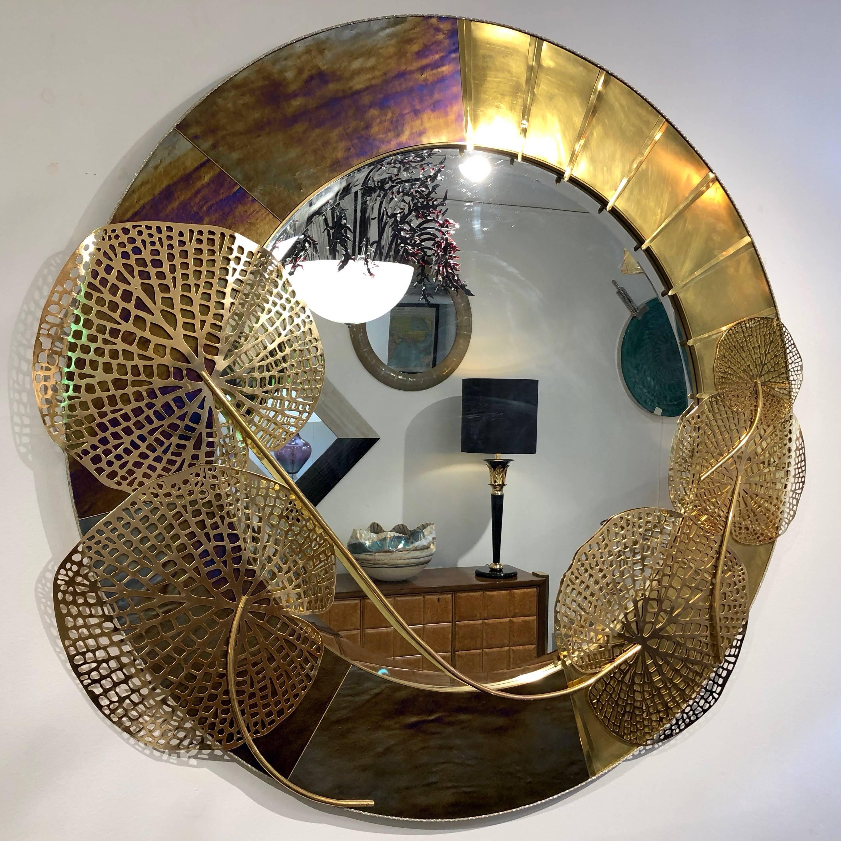 Contemporary Italian Organic Brass and Opalescent Murano Glass Modern Sculpture Round Mirror