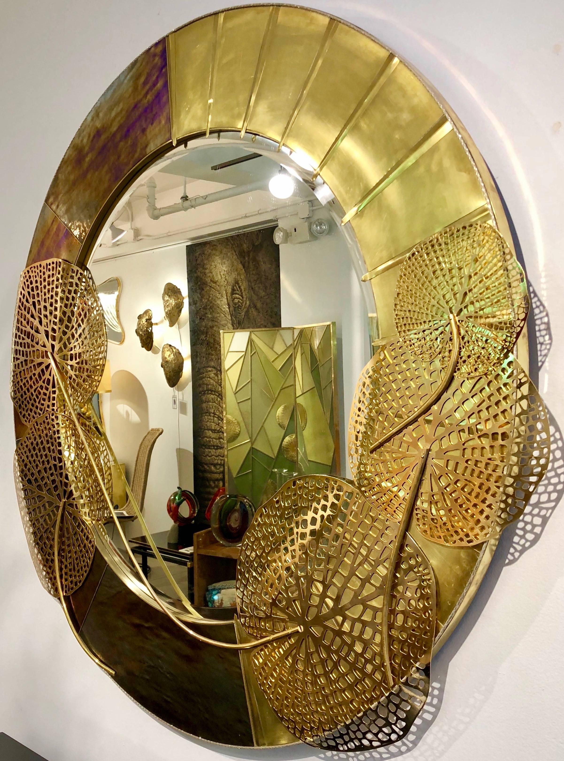 Italian Organic Brass and Opalescent Murano Glass Modern Sculpture Round Mirror 1