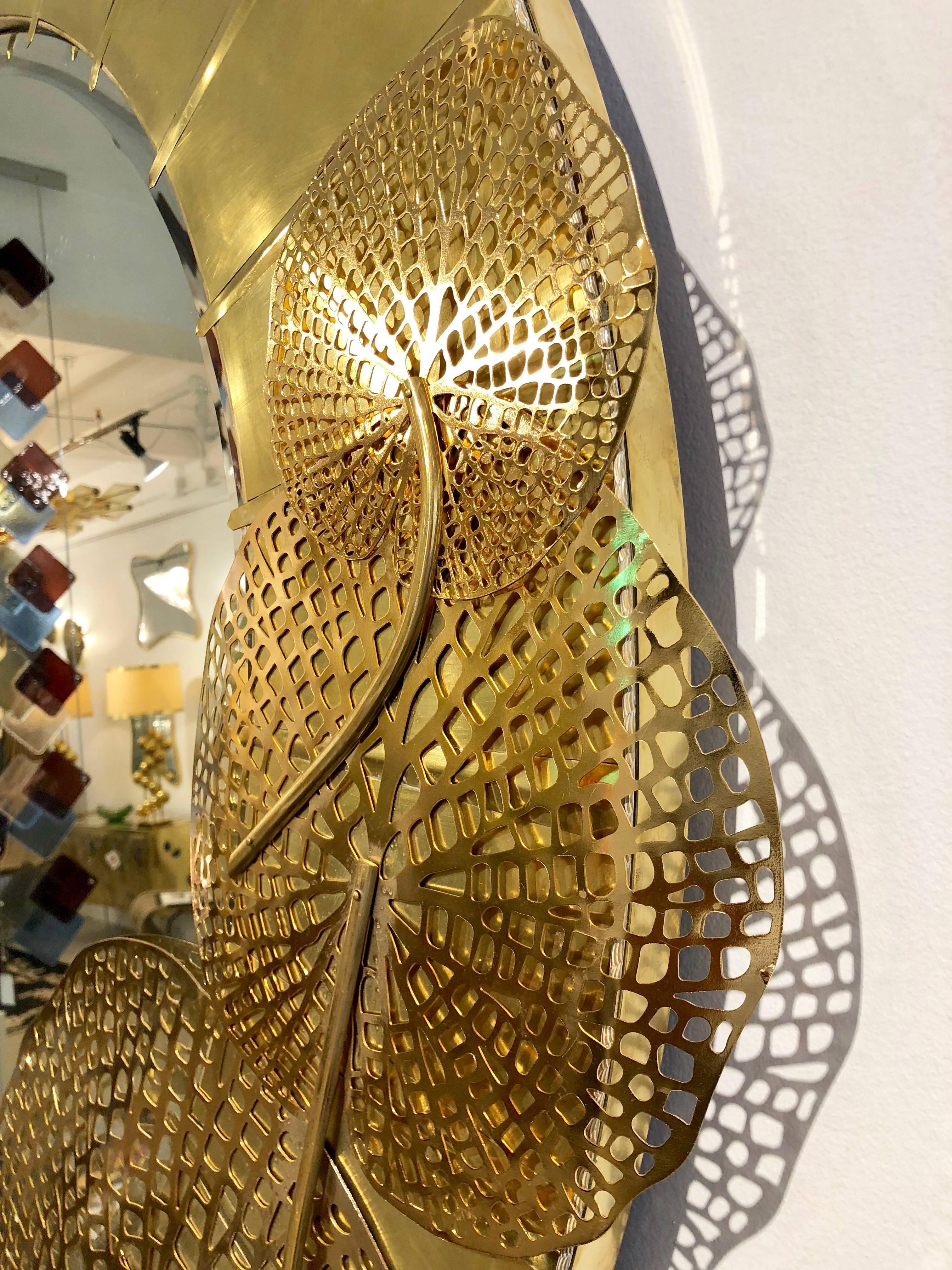 Italian Organic Brass and Opalescent Murano Glass Modern Sculpture Round Mirror 2