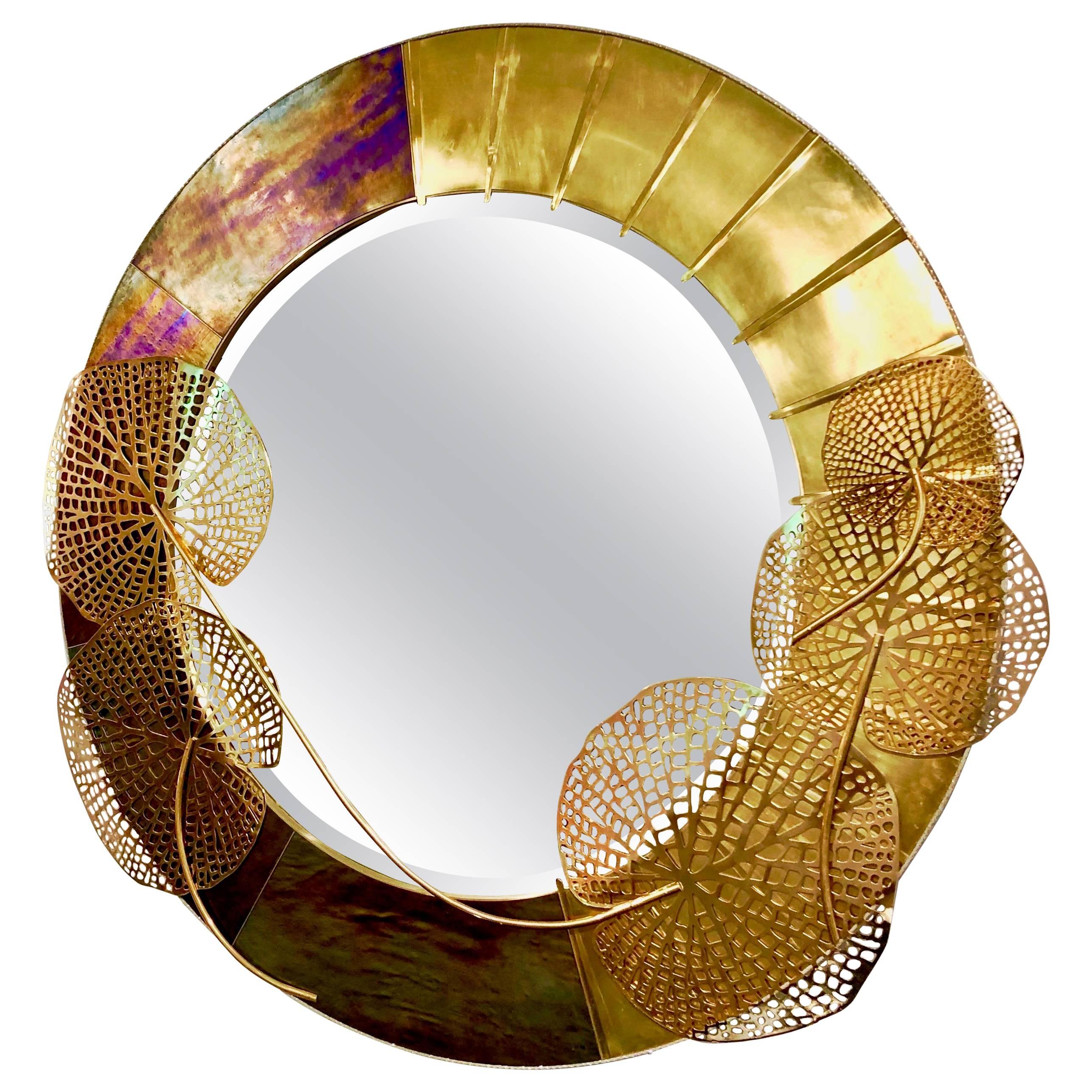 Italian Organic Brass and Opalescent Murano Glass Modern Sculpture Round Mirror