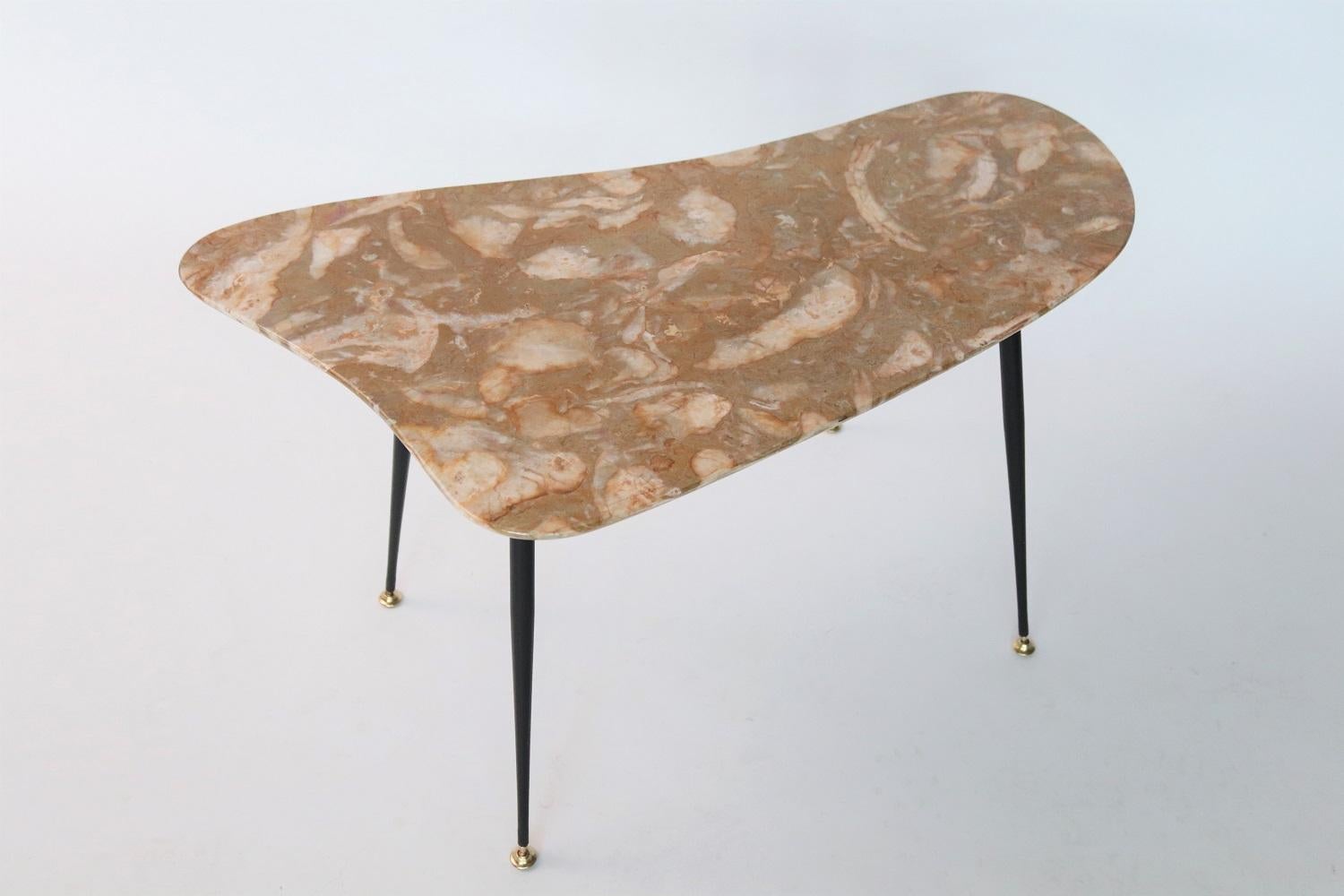 Italian Organic Coffee Table with Yellow Marble Top and Brass Feet, 1950s For Sale 8
