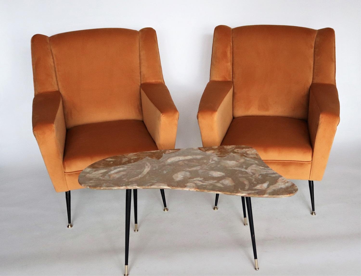 Italian Organic Coffee Table with Yellow Marble Top and Brass Feet, 1950s 9