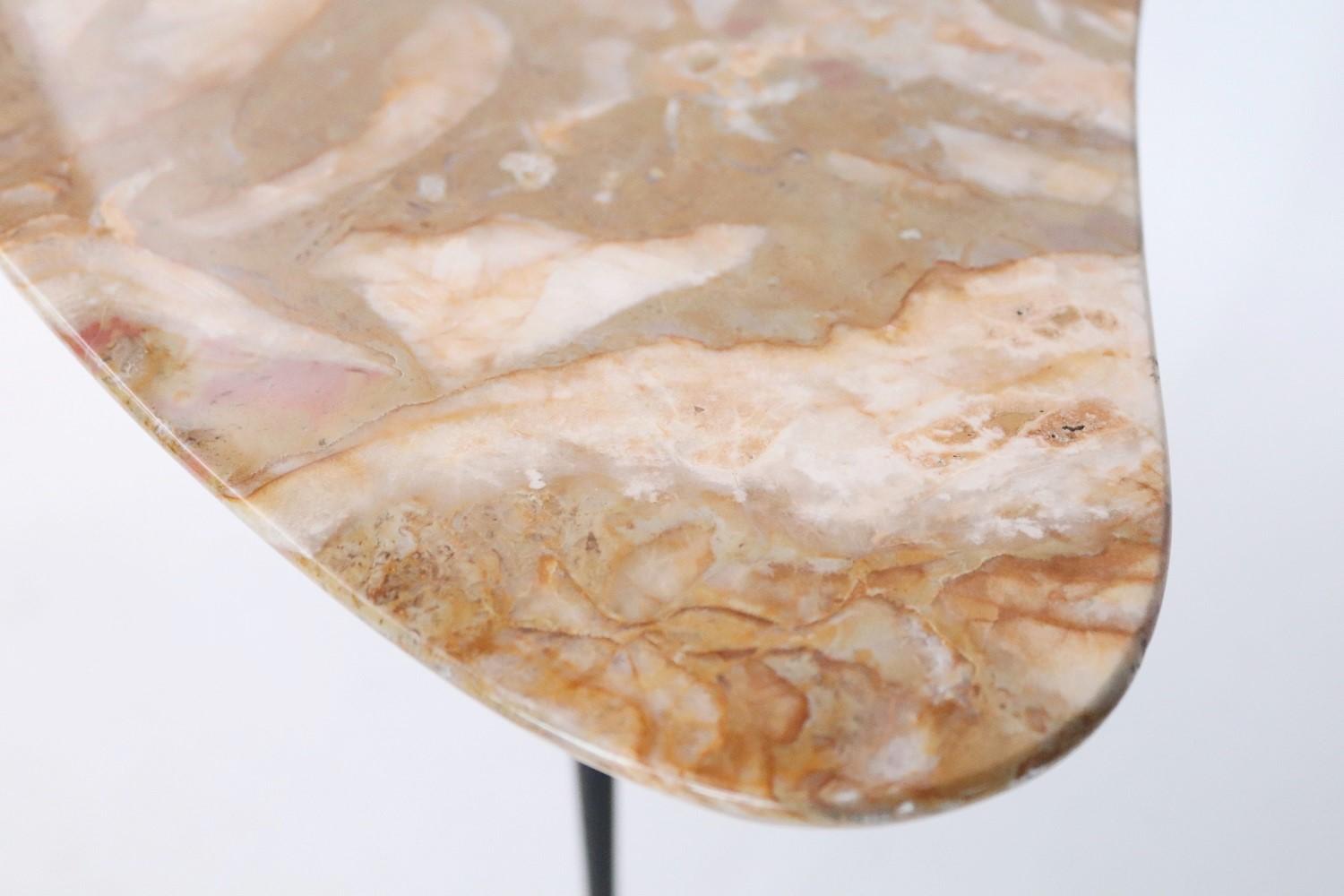 Metal Italian Organic Coffee Table with Yellow Marble Top and Brass Feet, 1950s For Sale