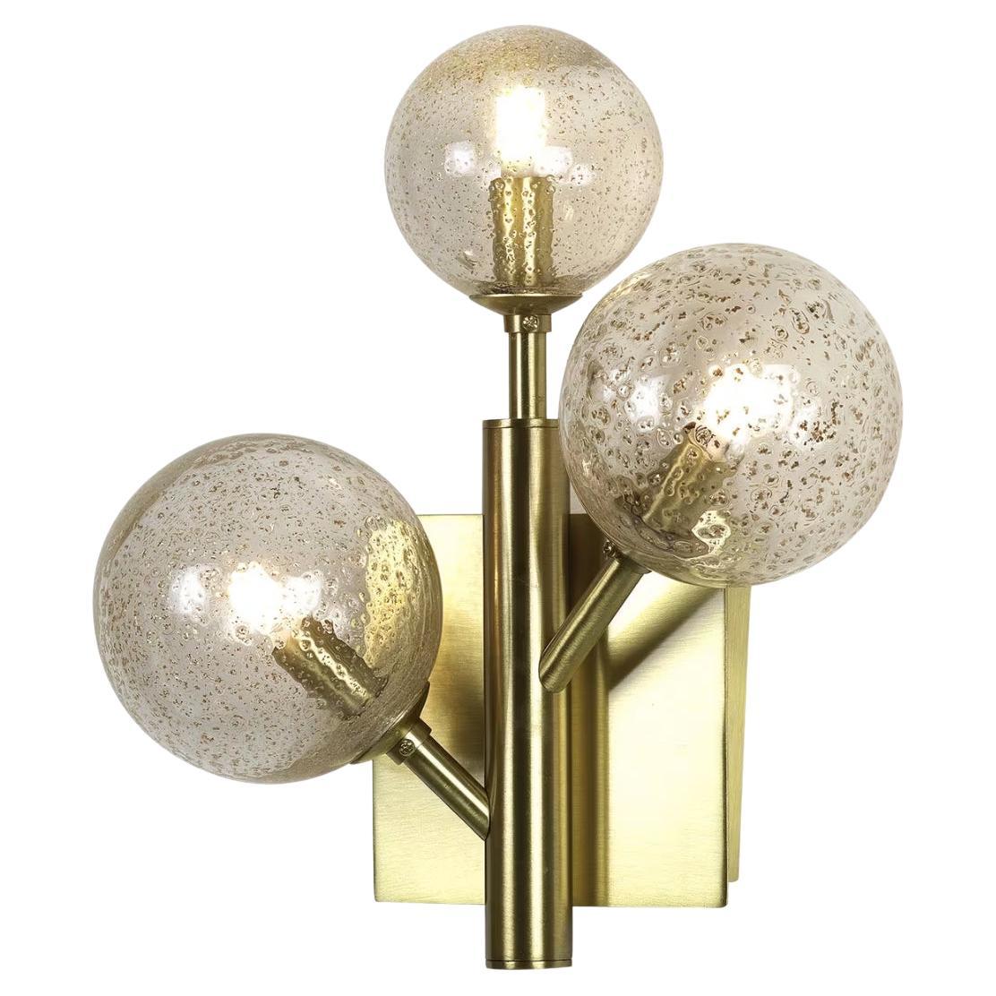 Italian Organic Bespoke Ball Flower Brass Sconce with 3 Murano Glass Spheres For Sale