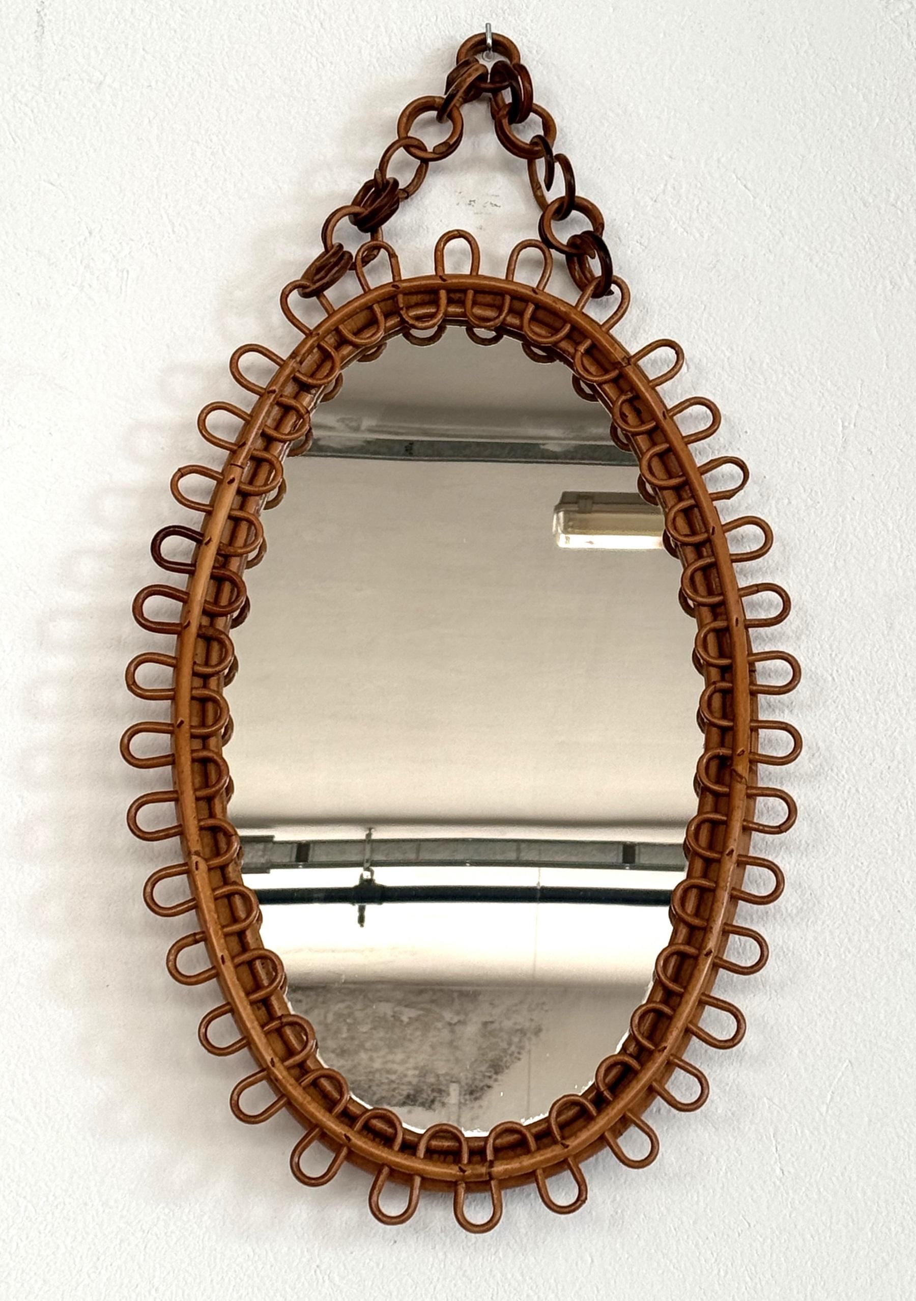 Mid-Century moderno Specchio da parete di design organico italiano in rattan e bambù, anni '60
