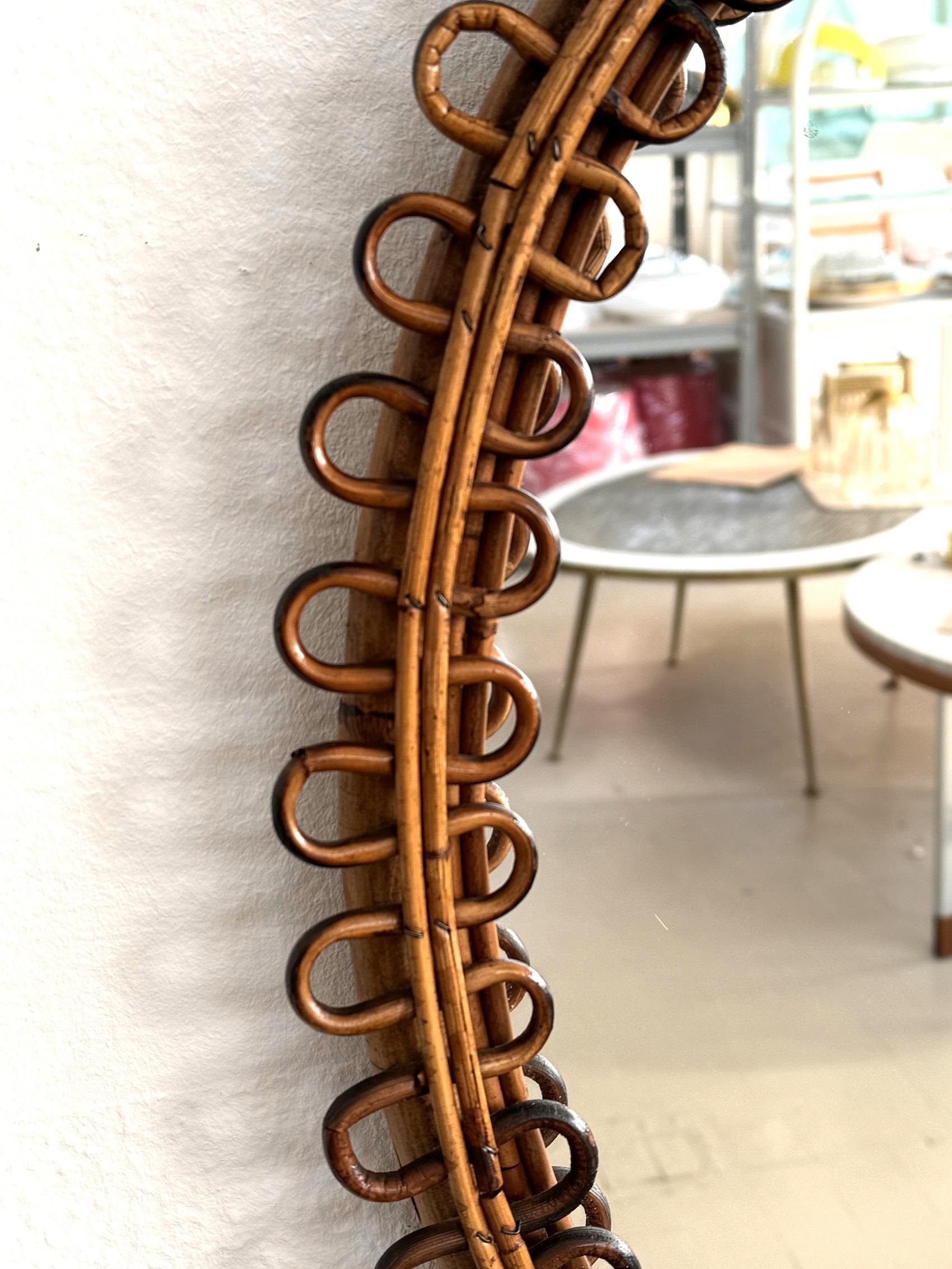 Bambù Specchio da parete di design organico italiano in rattan e bambù, anni '60 in vendita