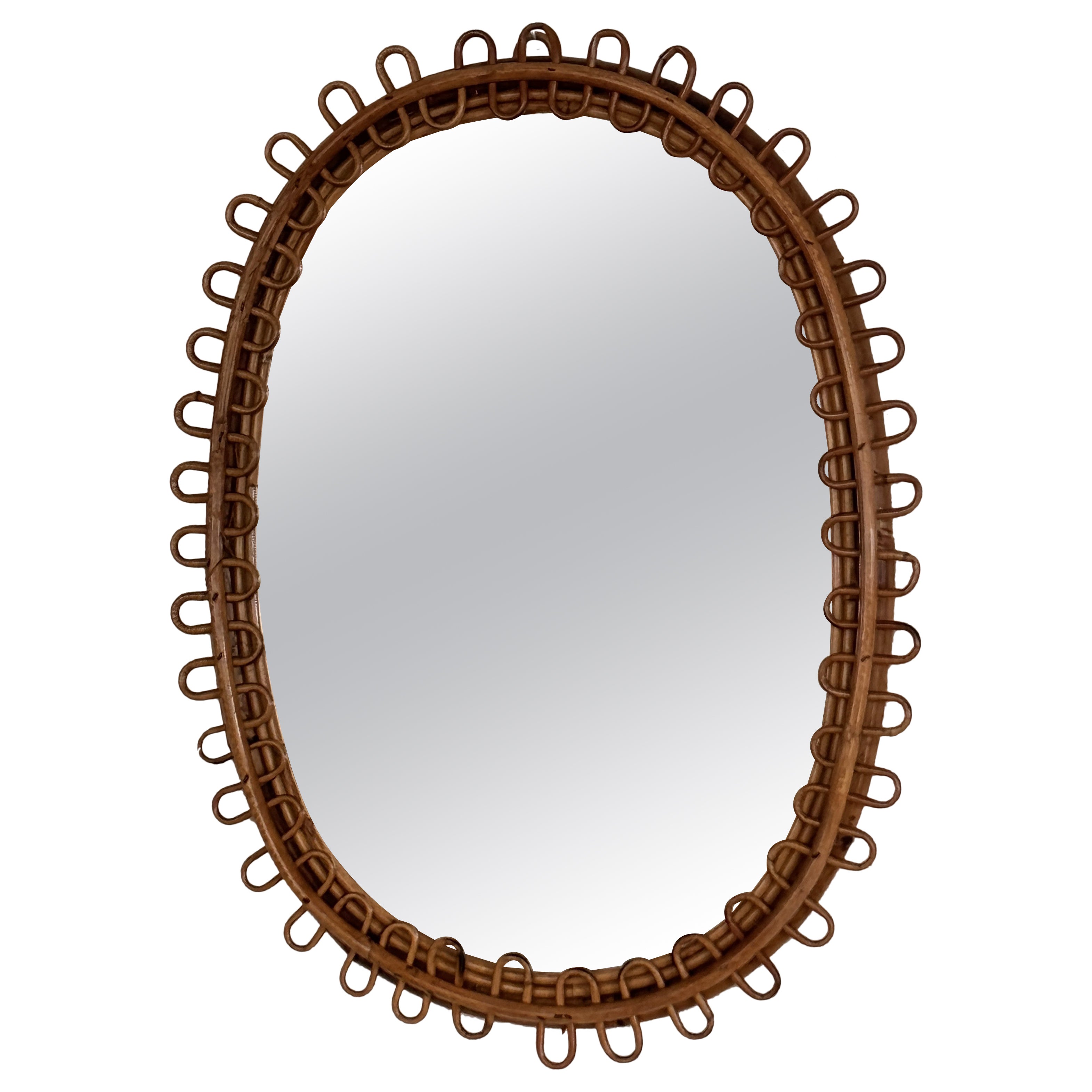 Specchio da parete di design organico italiano in rattan e bambù, anni
60