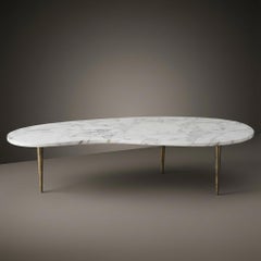 Italian Organic Form Carrara Marble Cocktail Table with Brass Legs