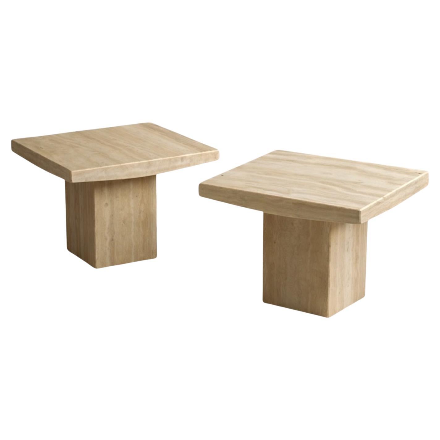 Italian Organic Modern Axel Vervoordt Style Travertine Side Tables - Pair