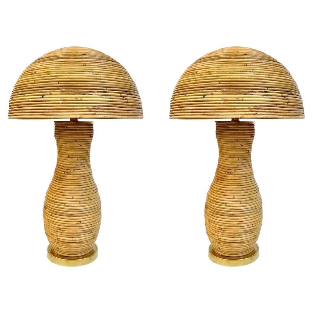 Lampes italiennes modernes et organiques contemporaines en laiton et rotin en forme de champignon 