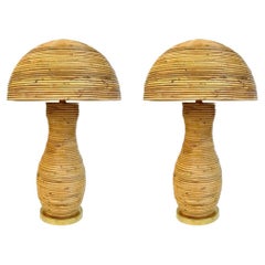 Italian Organic Modern Contemporary Brass & Rattan Mushroom Table/Floor Lamps 
