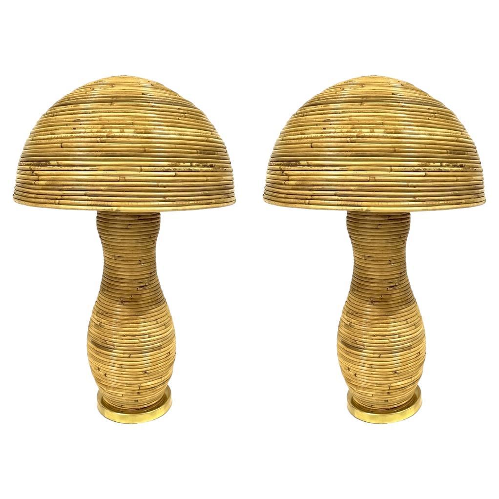 Italian Organic Modern Contemporary Brass & Rattan Mushroom Table/Floor Lamps For Sale