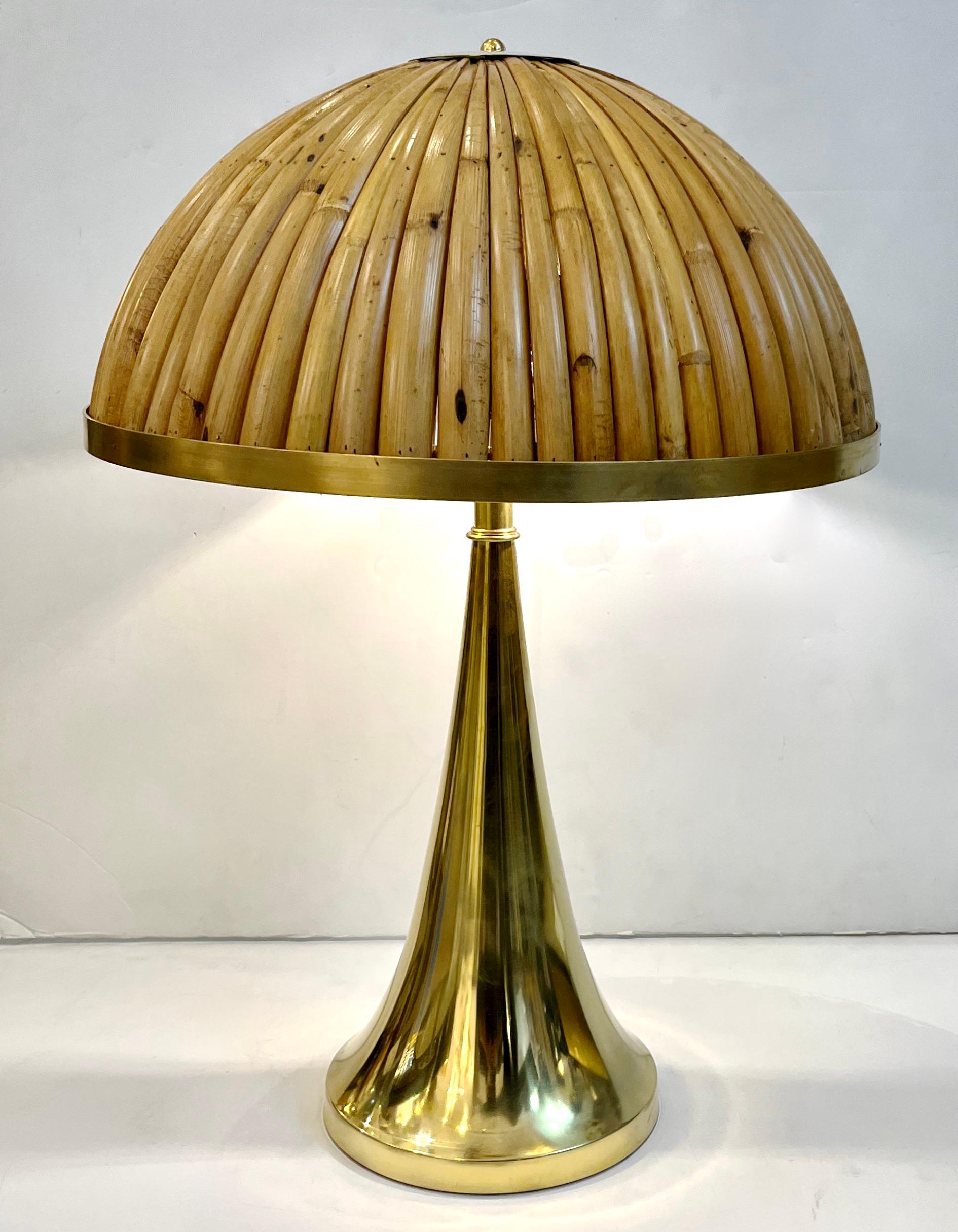 Italian Organic Modern Contemporary Pair Tall Brass & Rattan Sleek Table Lamps For Sale 6