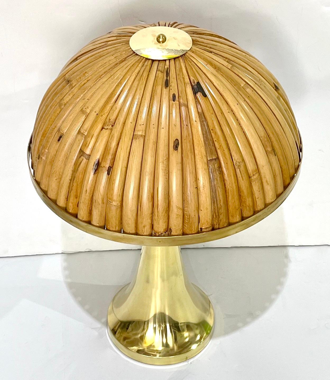 Hand-Crafted Italian Organic Modern Contemporary Pair Tall Brass & Rattan Sleek Table Lamps For Sale