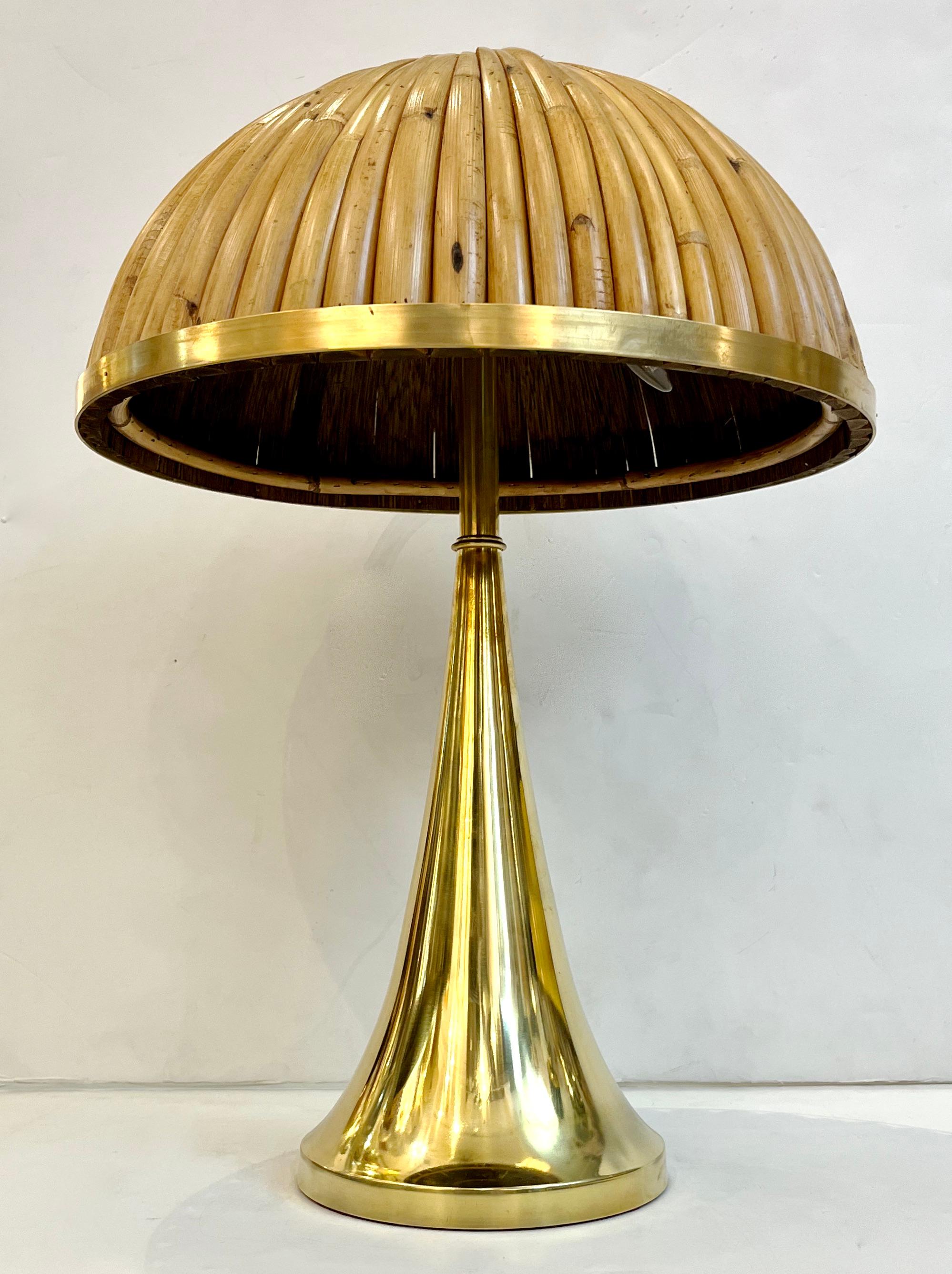 Hand-Crafted Italian Organic Modern Contemporary Pair Tall Brass & Rattan Sleek Table Lamps For Sale