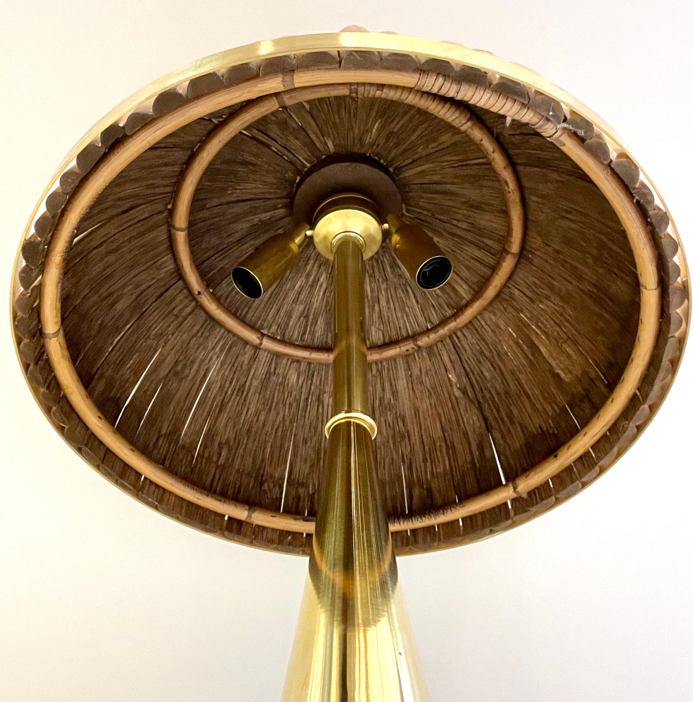 Italian Organic Modern Contemporary Pair Tall Brass & Rattan Sleek Table Lamps For Sale 3