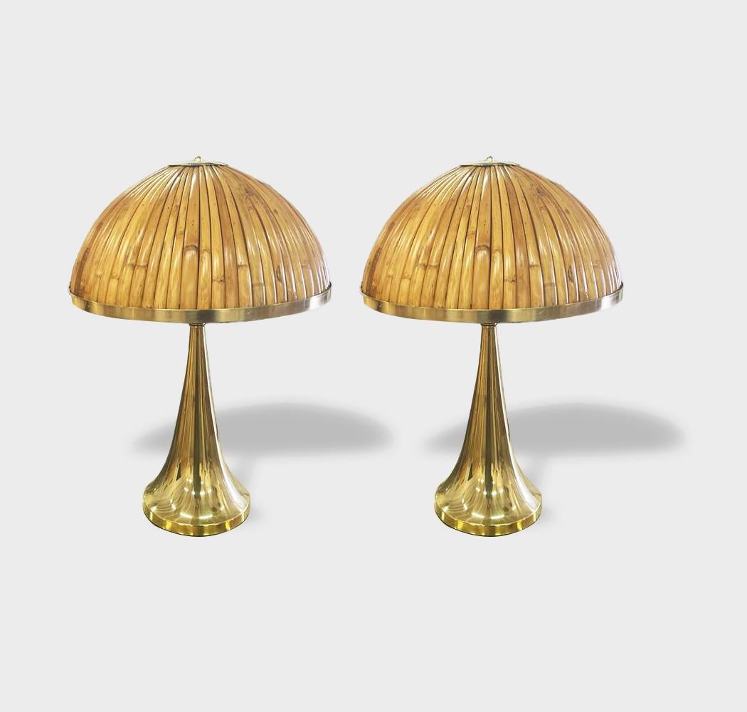 Italian Organic Modern Contemporary Pair Tall Brass & Rattan Sleek Table Lamps For Sale 1
