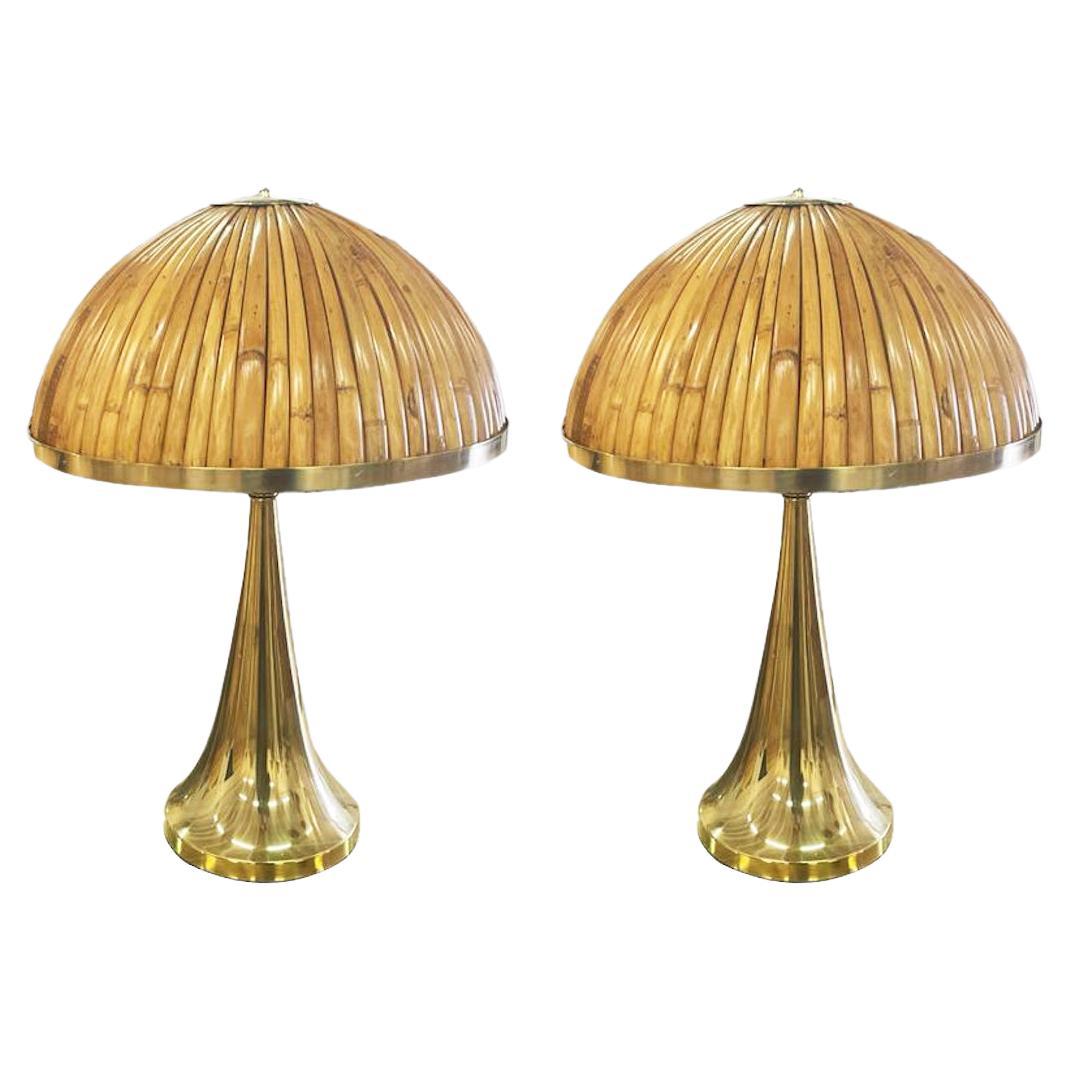 Italian Organic Modern Contemporary Pair Tall Brass & Rattan Sleek Table Lamps For Sale