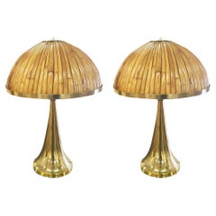 Coppia di lampade da tavolo alte in ottone e rattan, moderne e organiche.