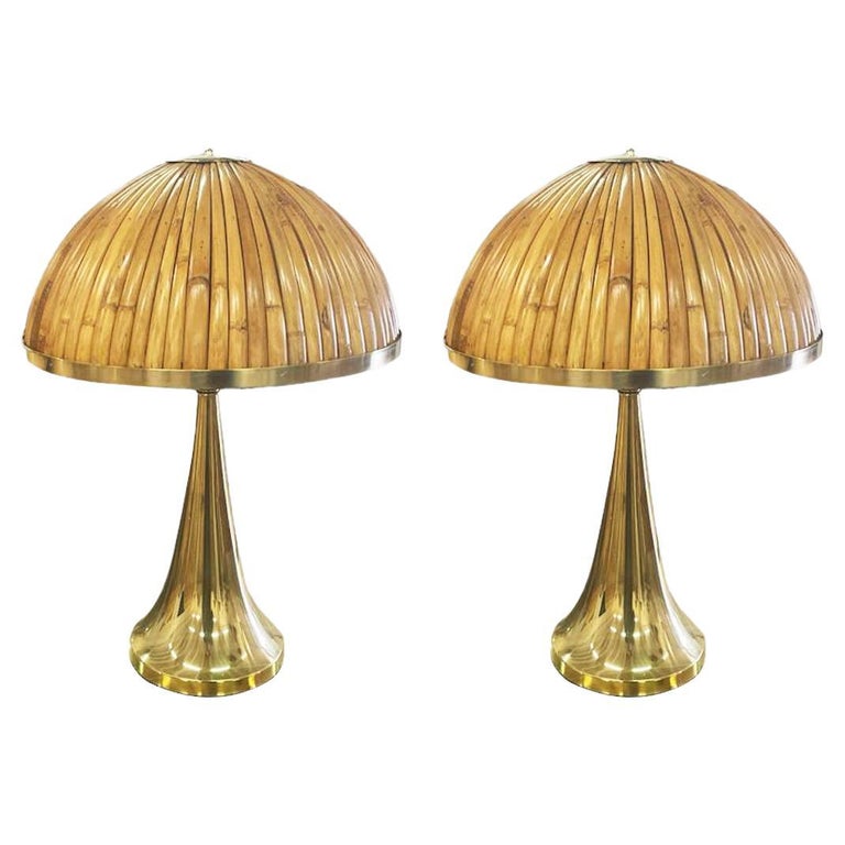 Italian Organic Modern Contemporary Pair Tall Brass and Rattan Sleek