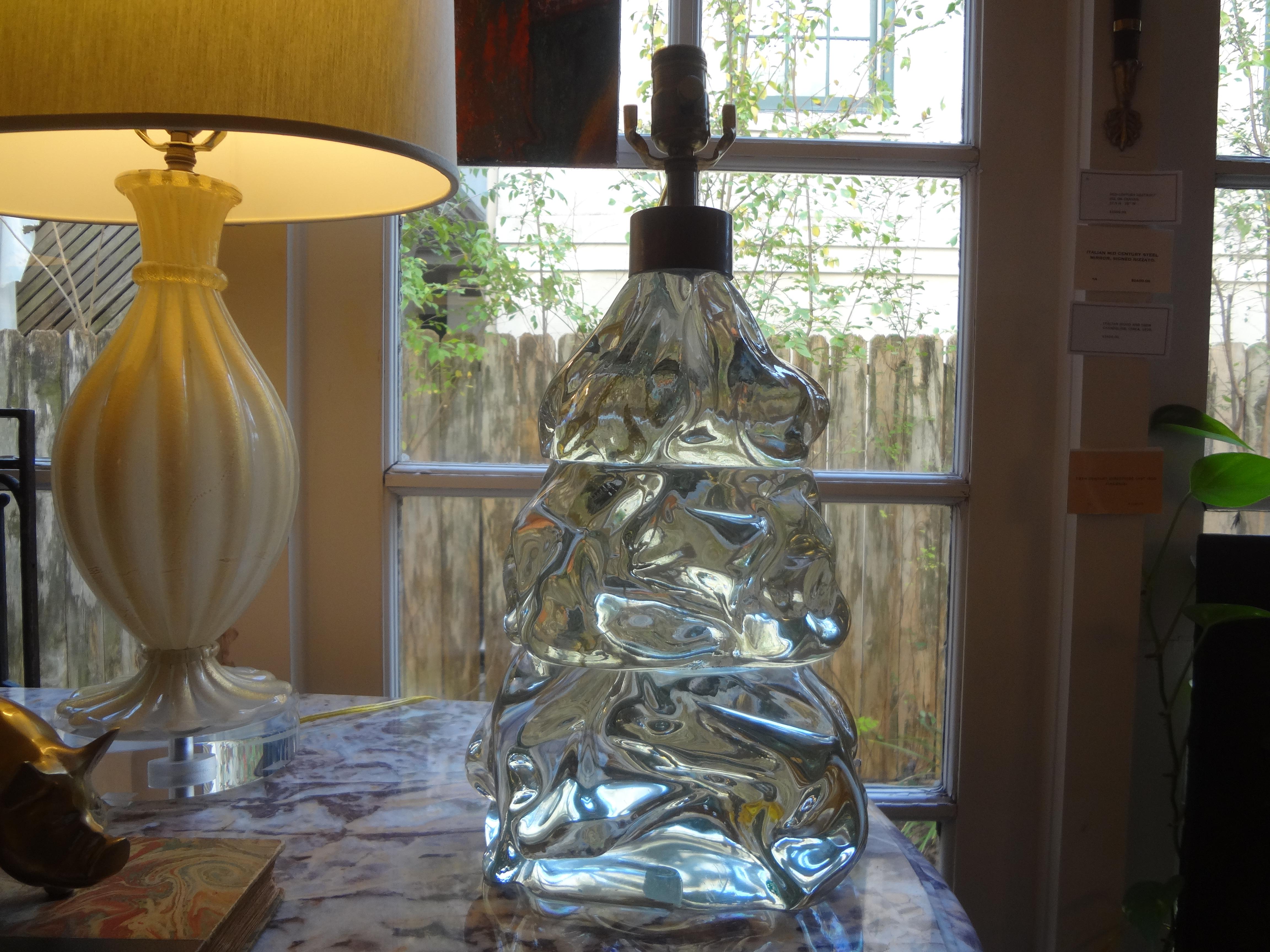Italian Organic Modern Fontana Arte Style glass table lamp. This gorgeous Italian Murano sculptural free form glass lamp is a work of art and has been newly French wired with a new socket ready for U.S. Use.