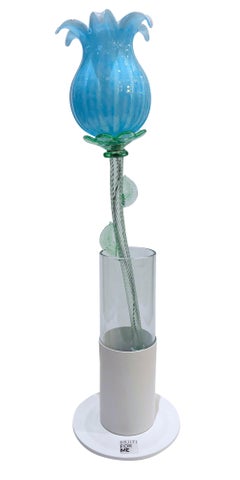 Italian Organic Modern Turquoise Blue Art Glass Lit Flower White Vase/Table Lamp