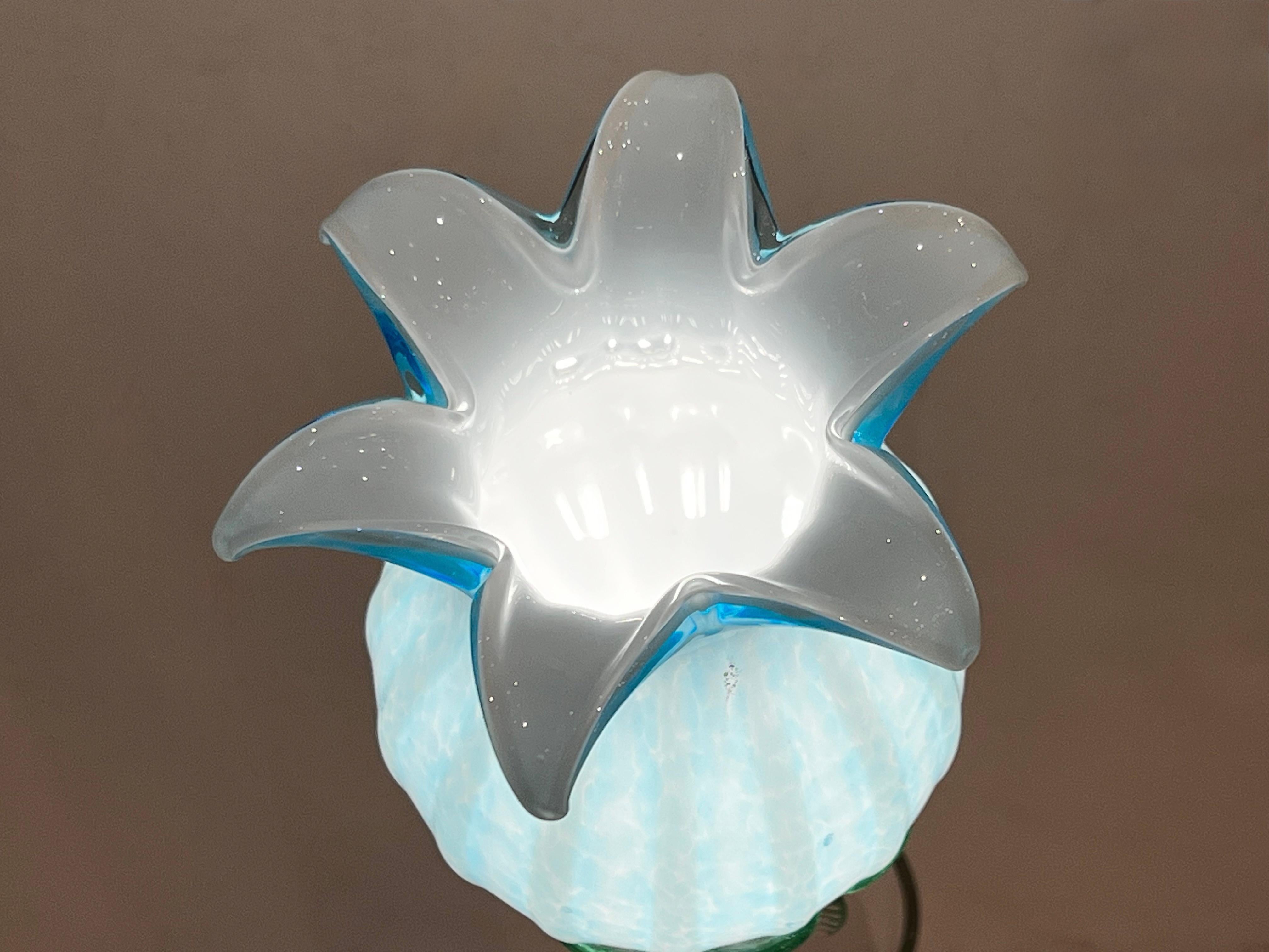 Lacquered Italian Organic Modern Turquoise Blue Art Glass Lit Flower White Vase/Table Lamp For Sale