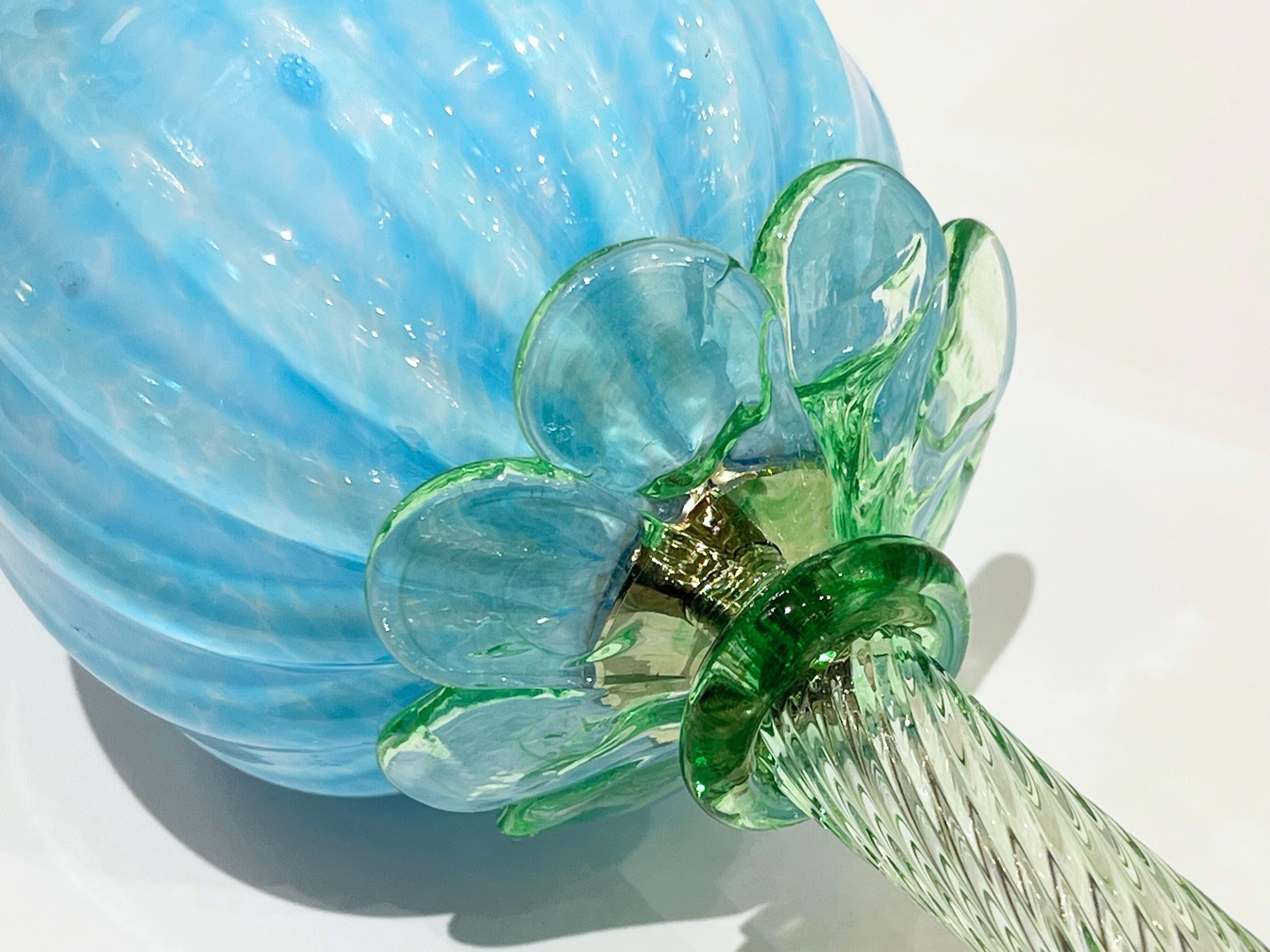 Contemporary Italian Organic Modern Turquoise Blue Art Glass Lit Flower White Vase/Table Lamp For Sale