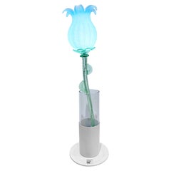 Italian Organic Modern Turquoise Blue Art Glass Lit Flower White Vase/Table Lamp