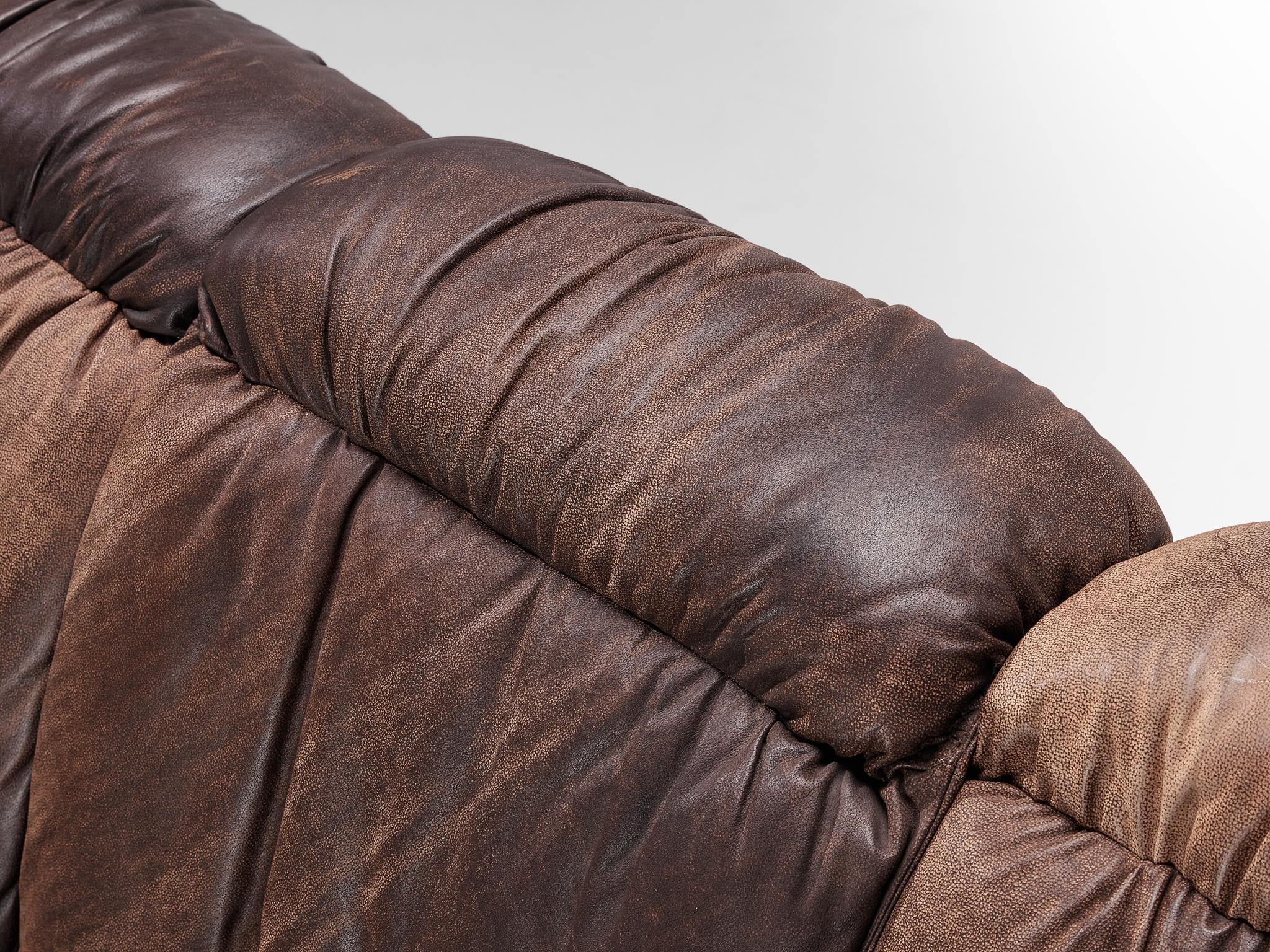 Post-Modern Italian Organic Shaped Sofa in Brown Patinated Leather  For Sale