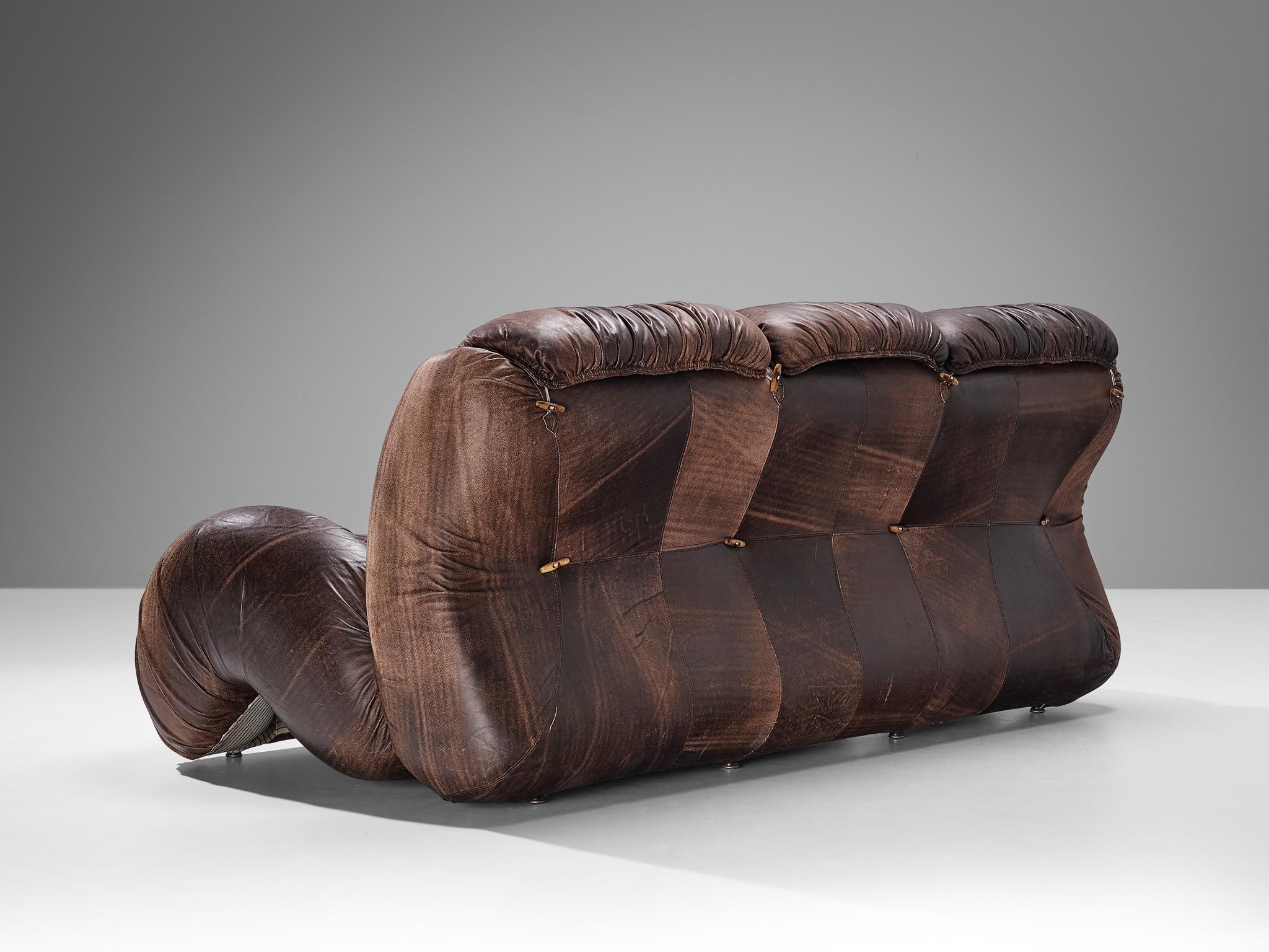 Italian Organic Shaped Sofa in Brown Patinated Leather  For Sale 2