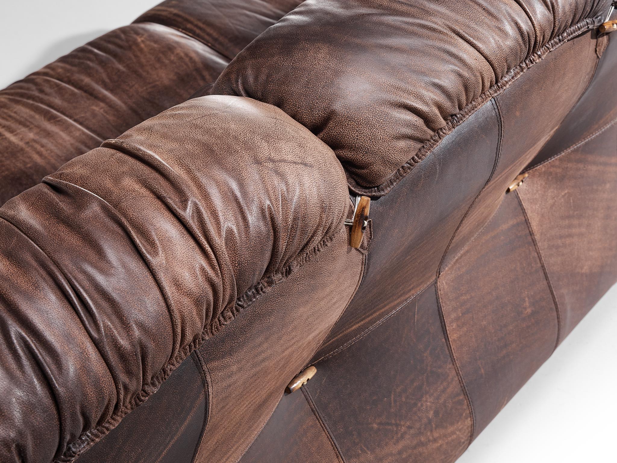 Italian Organic Shaped Sofa in Brown Patinated Leather  For Sale 4