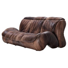 Italian Organic Shaped Sofa in Brown Patinated Leather