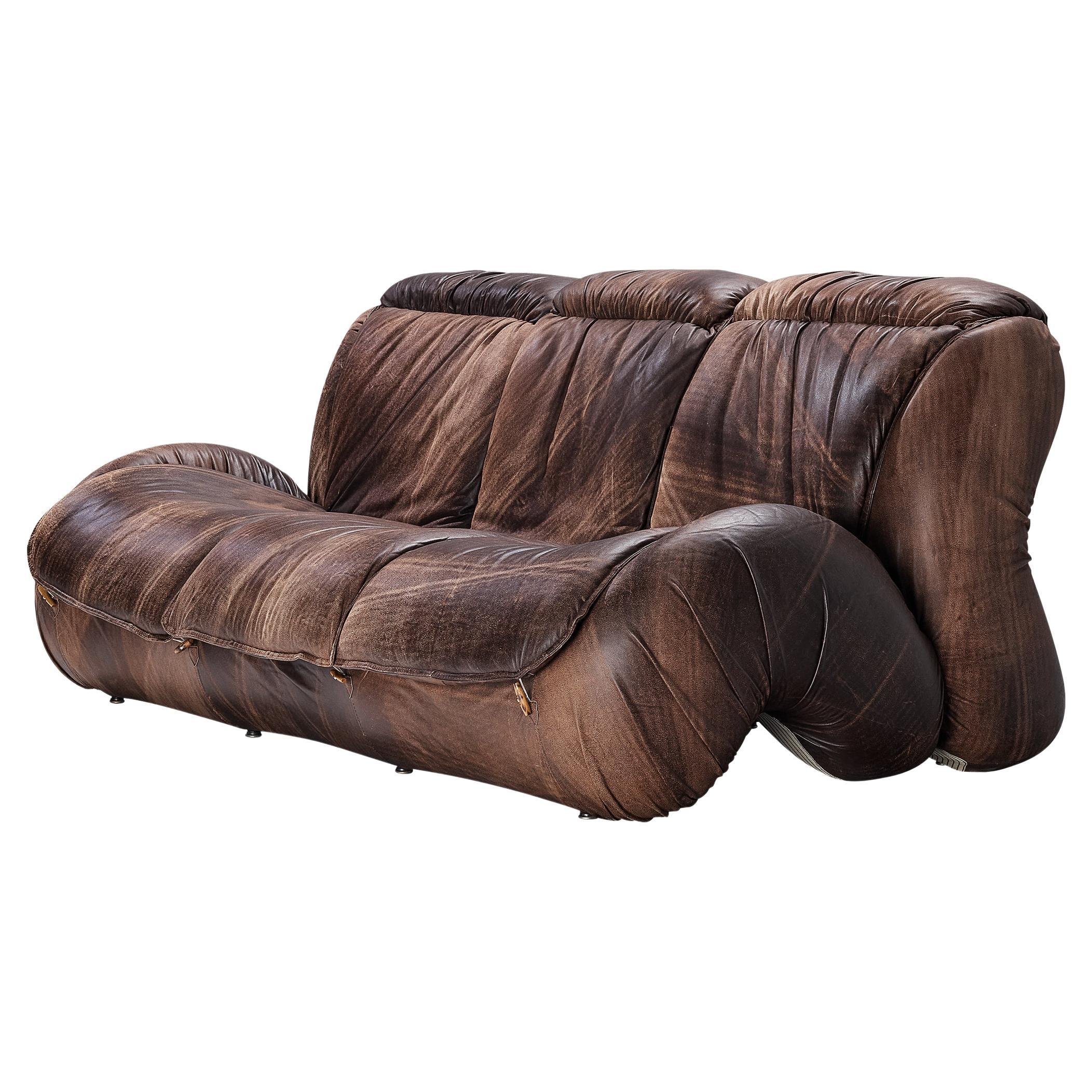 Italian Organic Shaped Sofa in Brown Patinated Leather