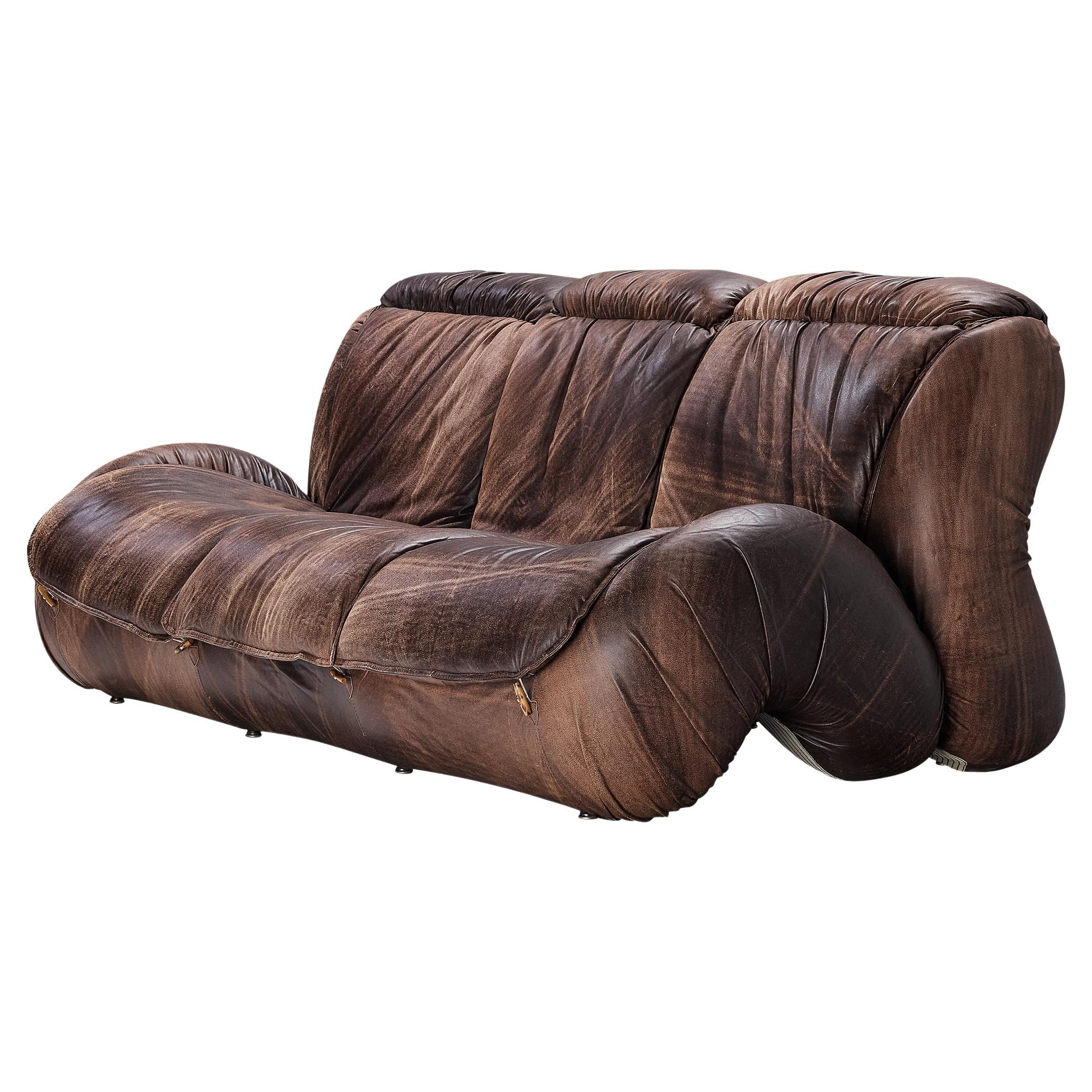 Italian Organic Shaped Sofa in Brown Patinated Leather  For Sale