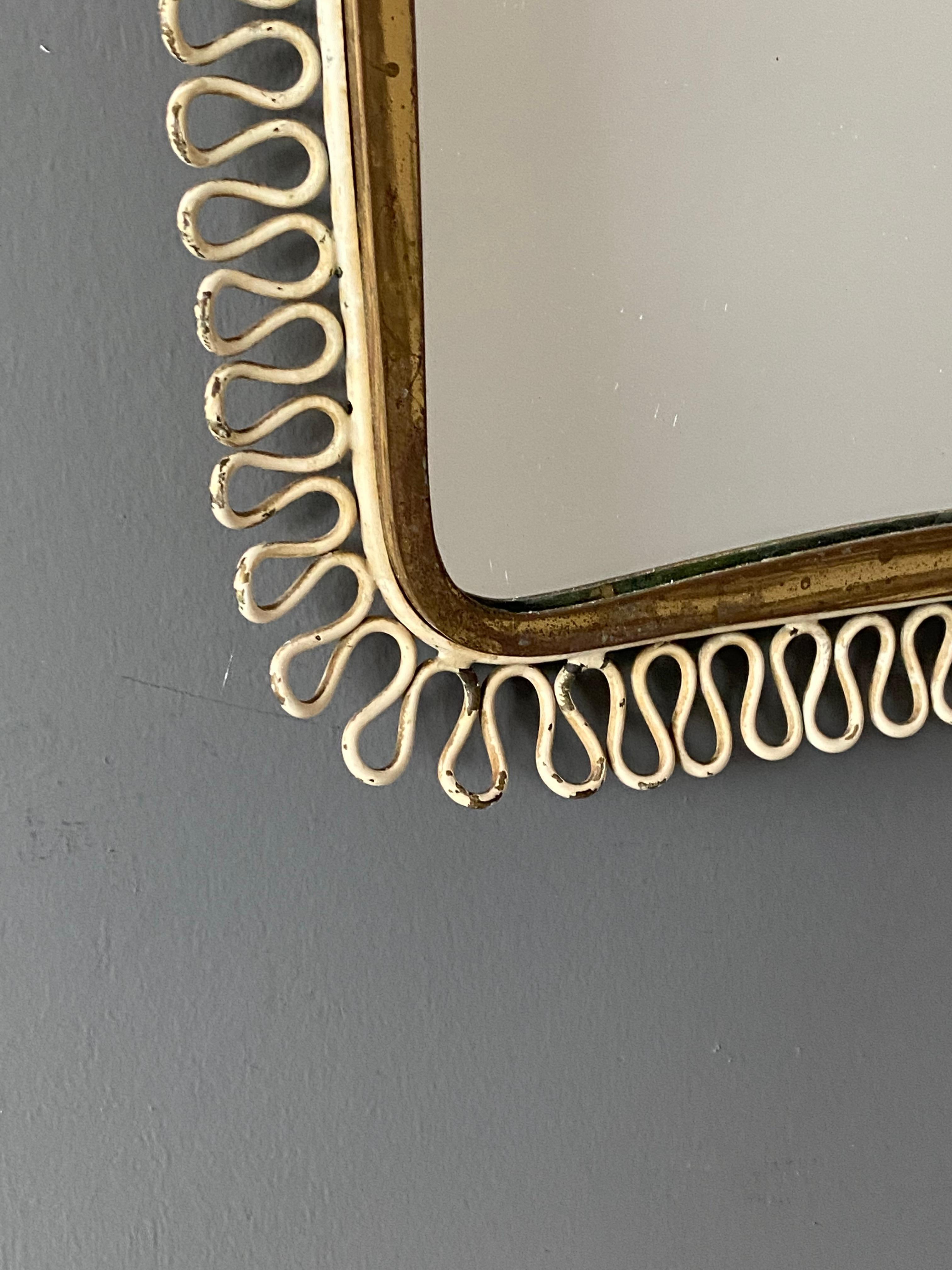 Mid-20th Century Italian, Organic Wall Mirror, Brass, Painted Brass, Mirror Glass, Italy, 1940s