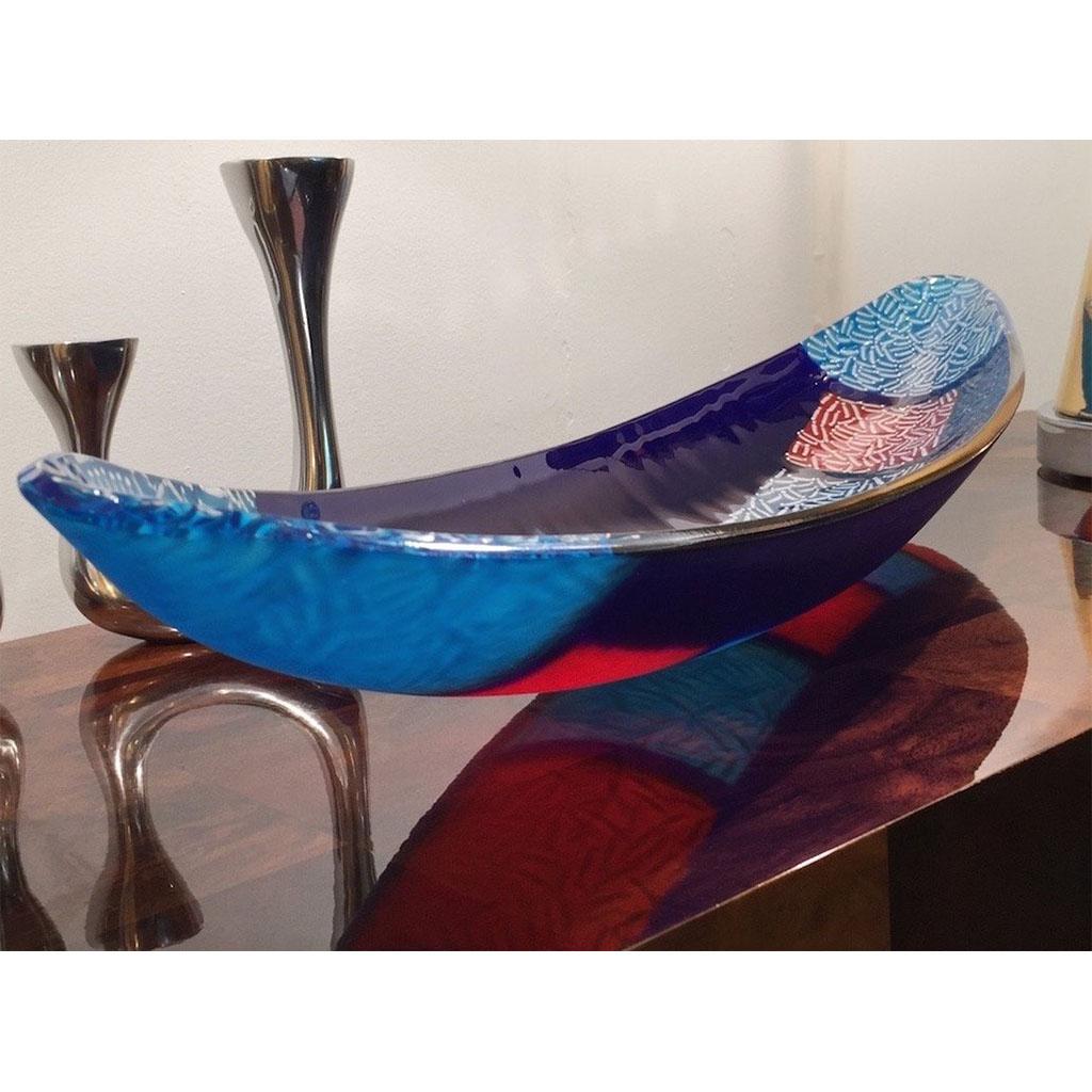 Hand-Crafted Italian Orientalist Azure Blue and Red Murano Glass Bowl Modern Centerpiece For Sale