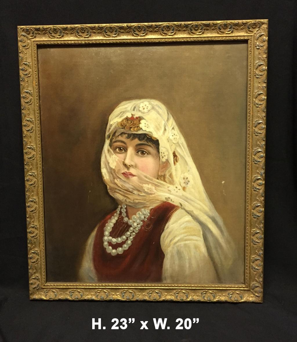 Italian orientalist oil on canvas painting.
20th century. 

The fine oil painting depicting an orientalist woman dressed in traditional garments with a veil and pearls.

Meticulous attention was given to every detail of this orientalist
