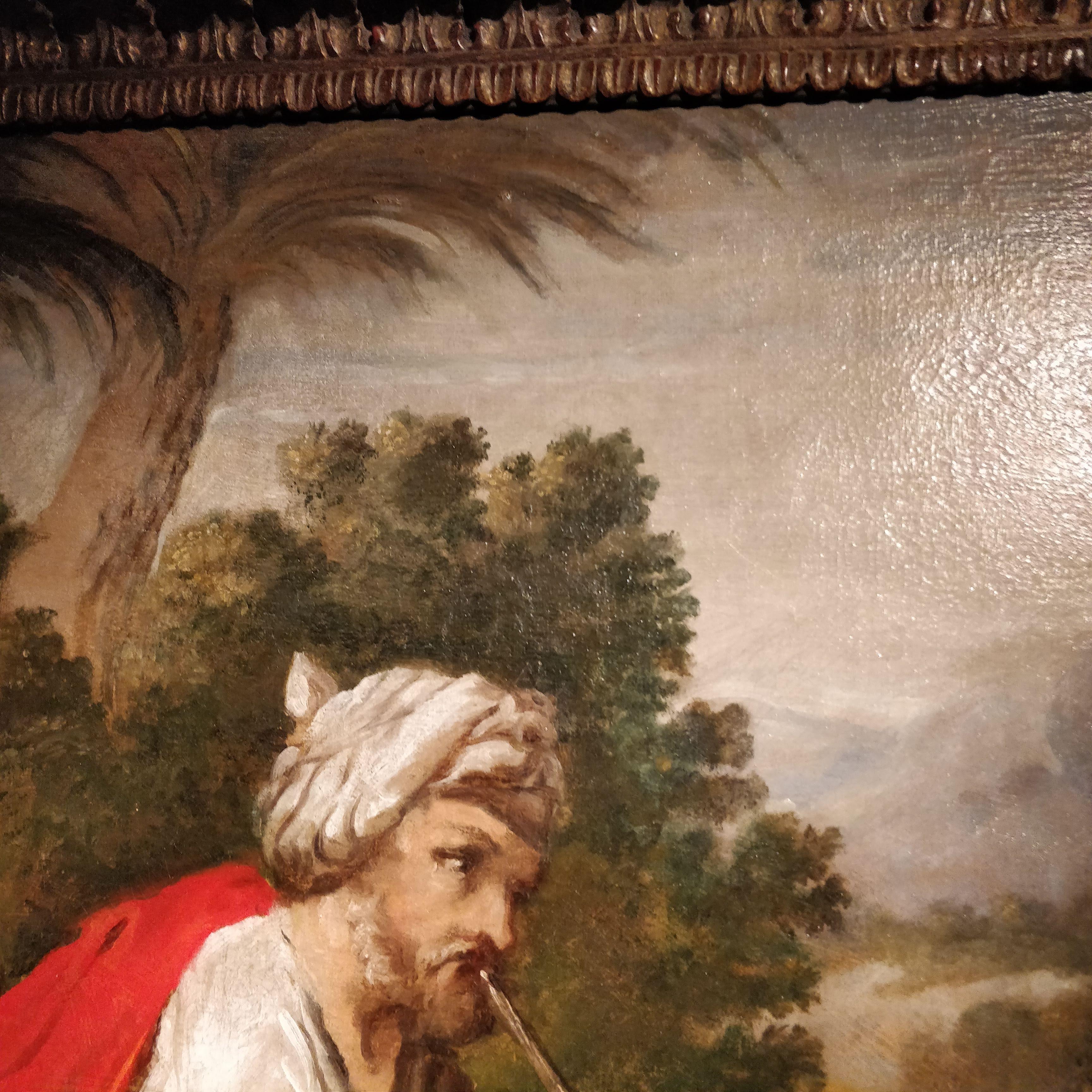 Italian Orientalist Oil Painting of Man Smoking Pipe, 18th Century In Good Condition For Sale In London, GB