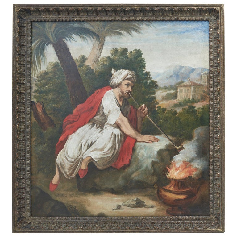 Italian Orientalist Oil Painting of Man Smoking Pipe, 18th Century For Sale
