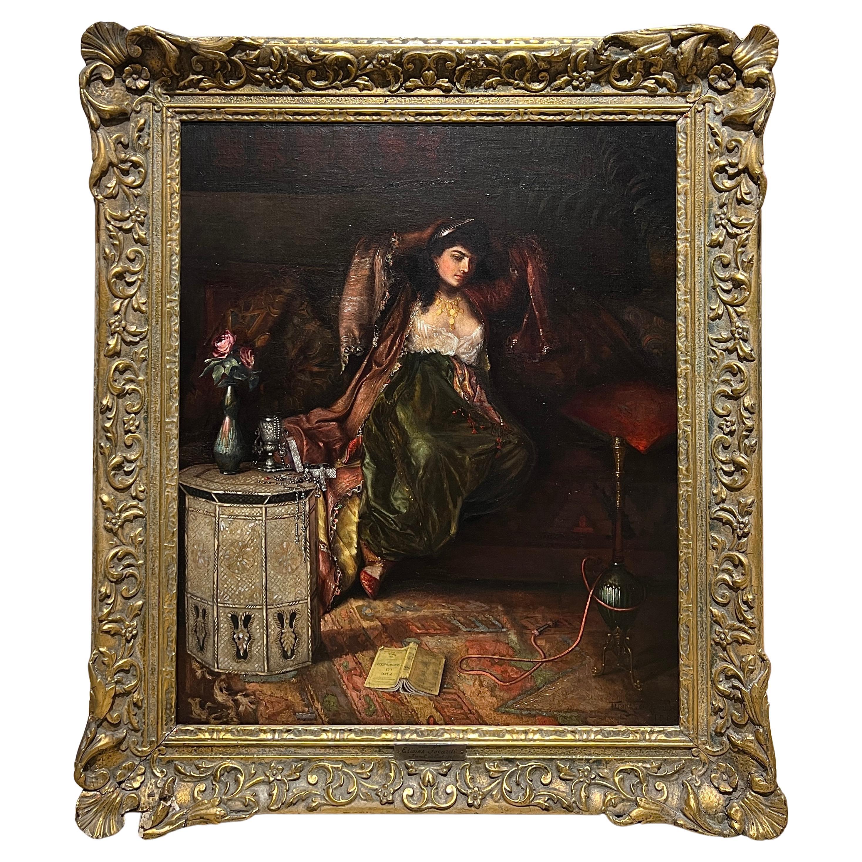 Italian Orientalist Oil Painting of Odalisca Odalisque in Harem